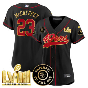 Women's 49ers Faithful & Super Bowl LVIII Gold Patch Baseball Jersey - All Stitched