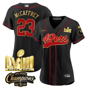 Women's 49ers NFC West Champions & Super Bowl LVIII Gold Patch Baseball Jersey - All Stitched