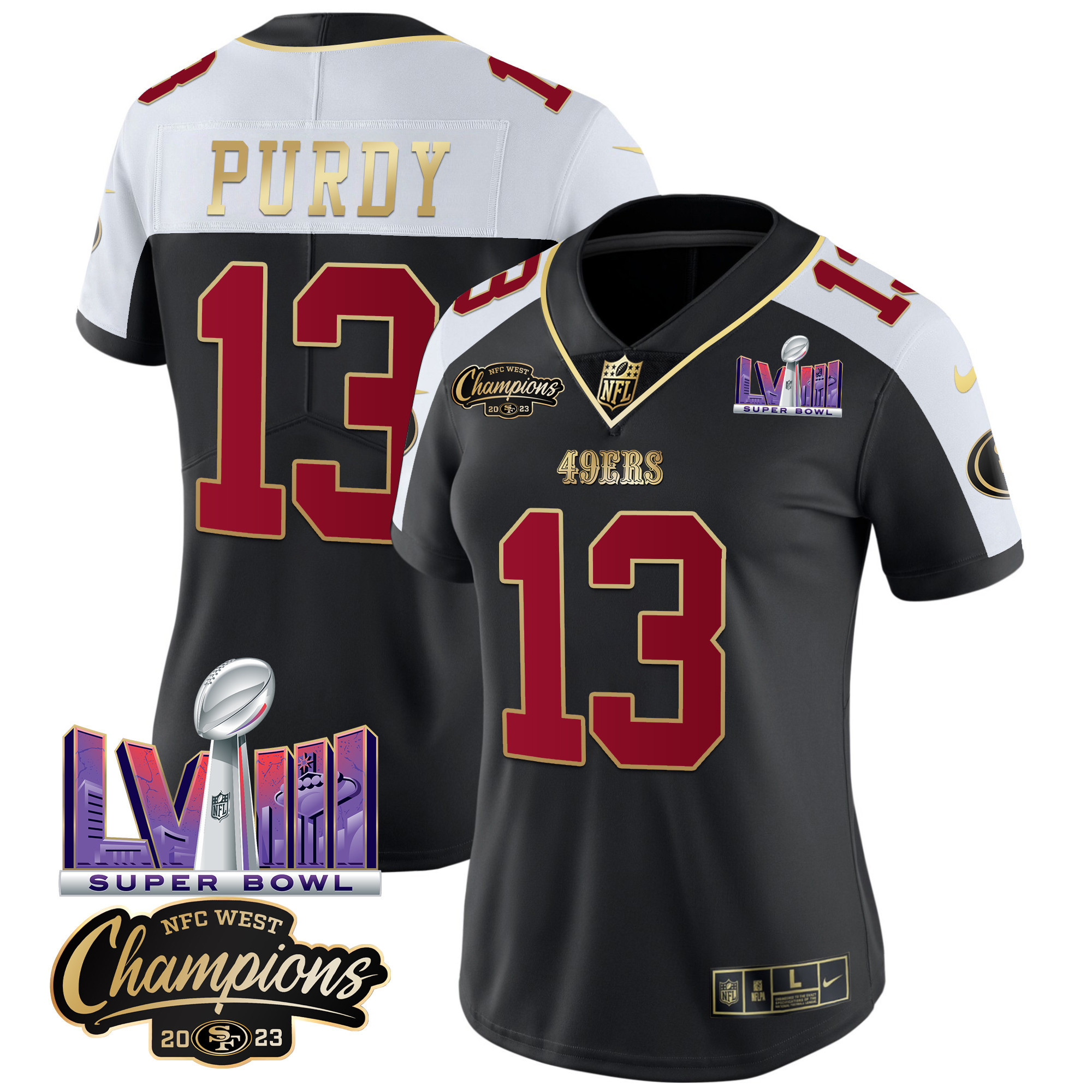 Women's 49ers NFC West Champions & Super Bowl LVIII Patch Vapor Jersey V2 - All Stitched - Image 3