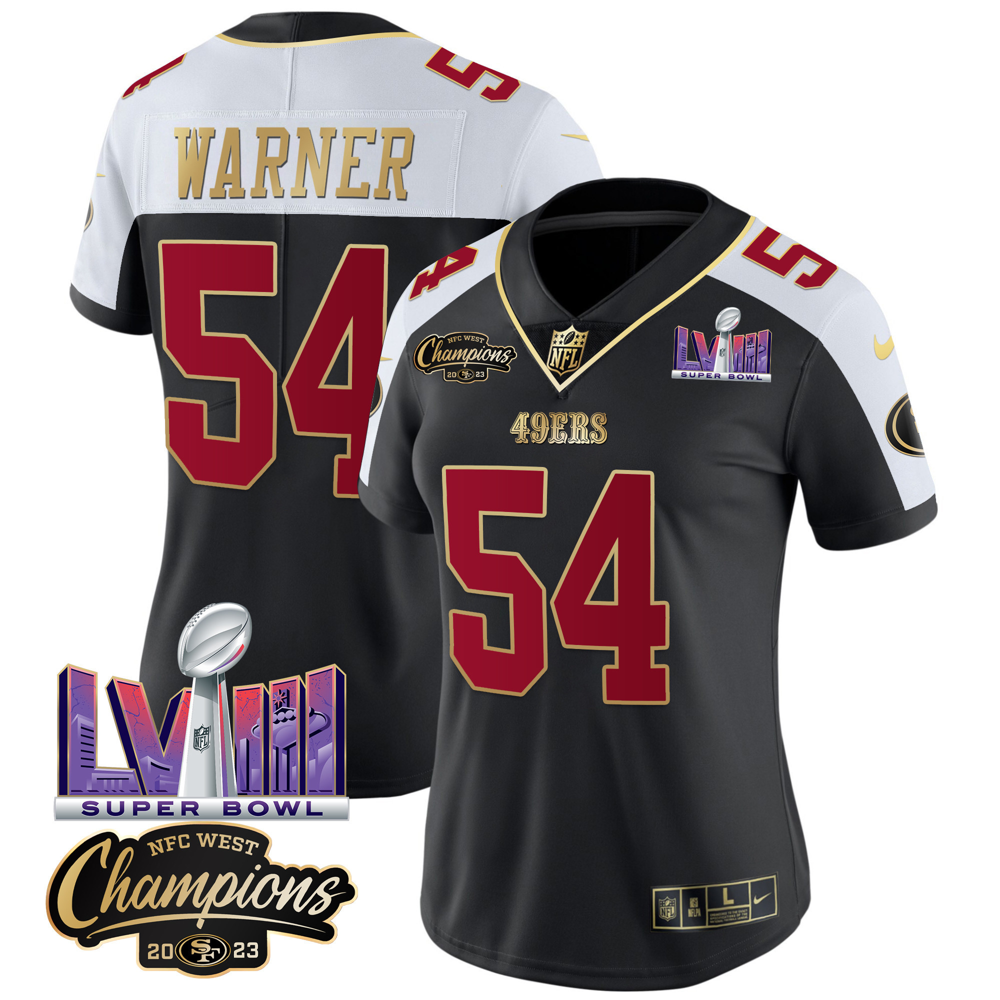Women's 49ers NFC West Champions & Super Bowl LVIII Patch Vapor Jersey V2 - All Stitched - Image 5