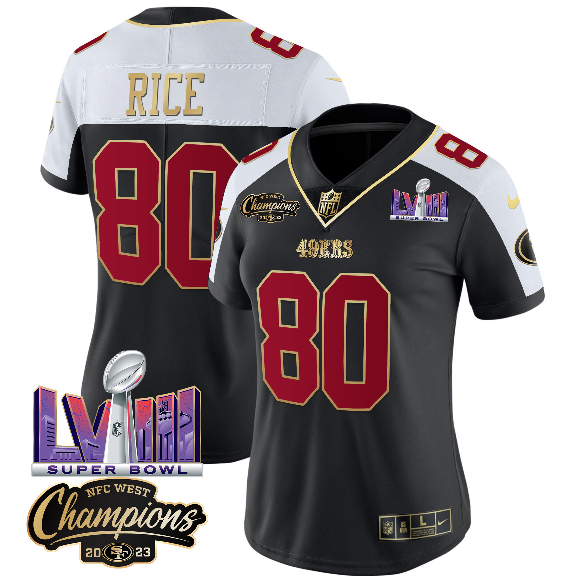 Women's 49ers NFC West Champions & Super Bowl LVIII Patch Vapor Jersey V2 - All Stitched - Image 6