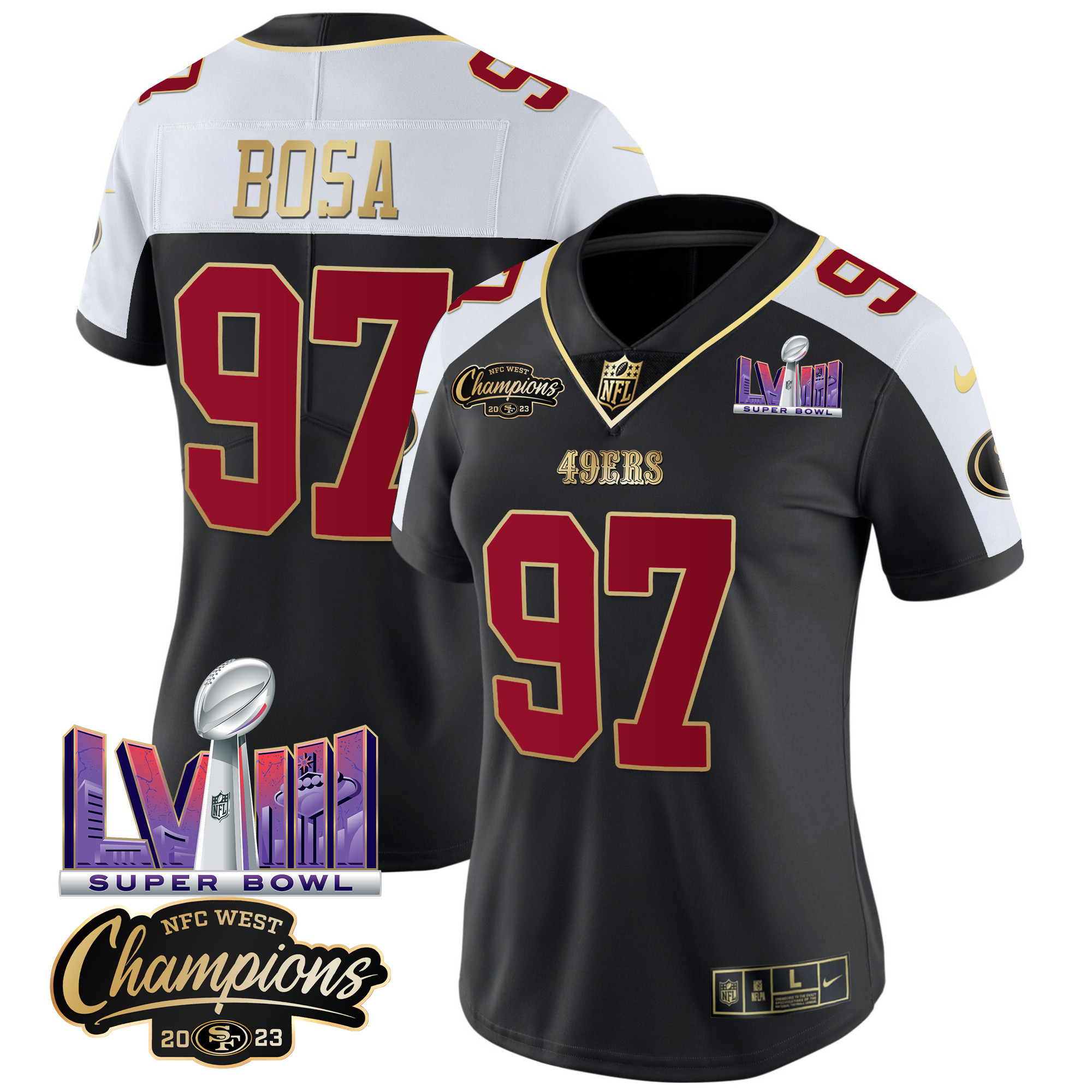 Women's 49ers NFC West Champions & Super Bowl LVIII Patch Vapor Jersey V2 - All Stitched - Image 7