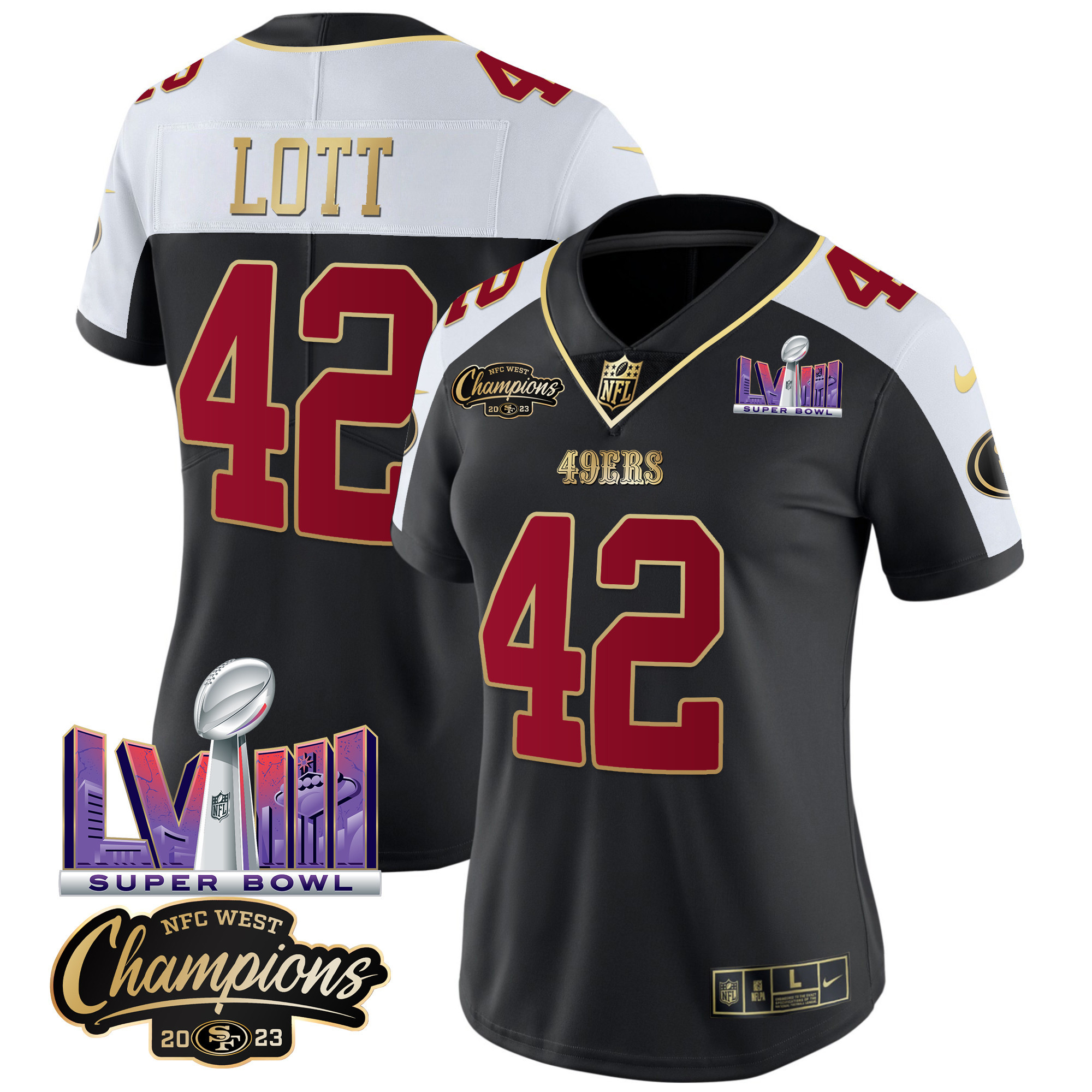 Women's 49ers NFC West Champions & Super Bowl LVIII Patch Vapor Jersey V2 - All Stitched - Image 9