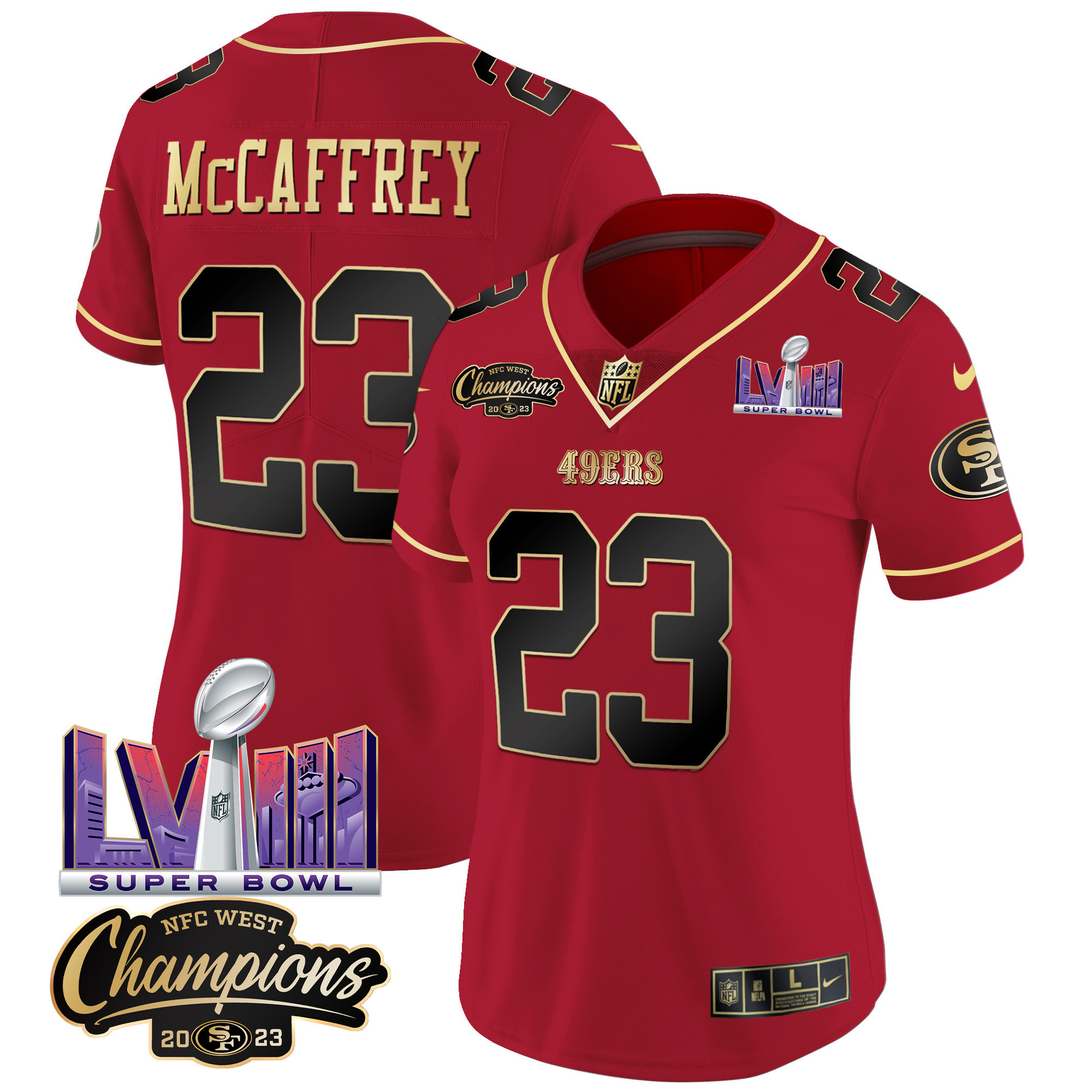 Women's 49ers NFC West Champions & Super Bowl LVIII Patch Vapor Jersey V2 - All Stitched - Image 11