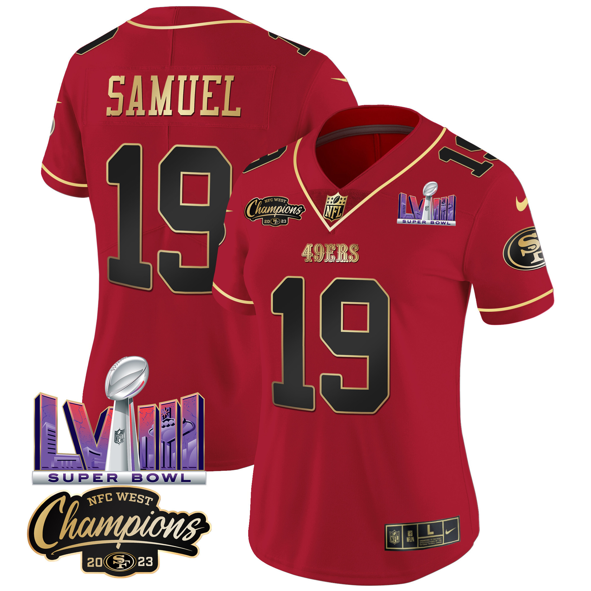 Women's 49ers NFC West Champions & Super Bowl LVIII Patch Vapor Jersey V2 - All Stitched - Image 12