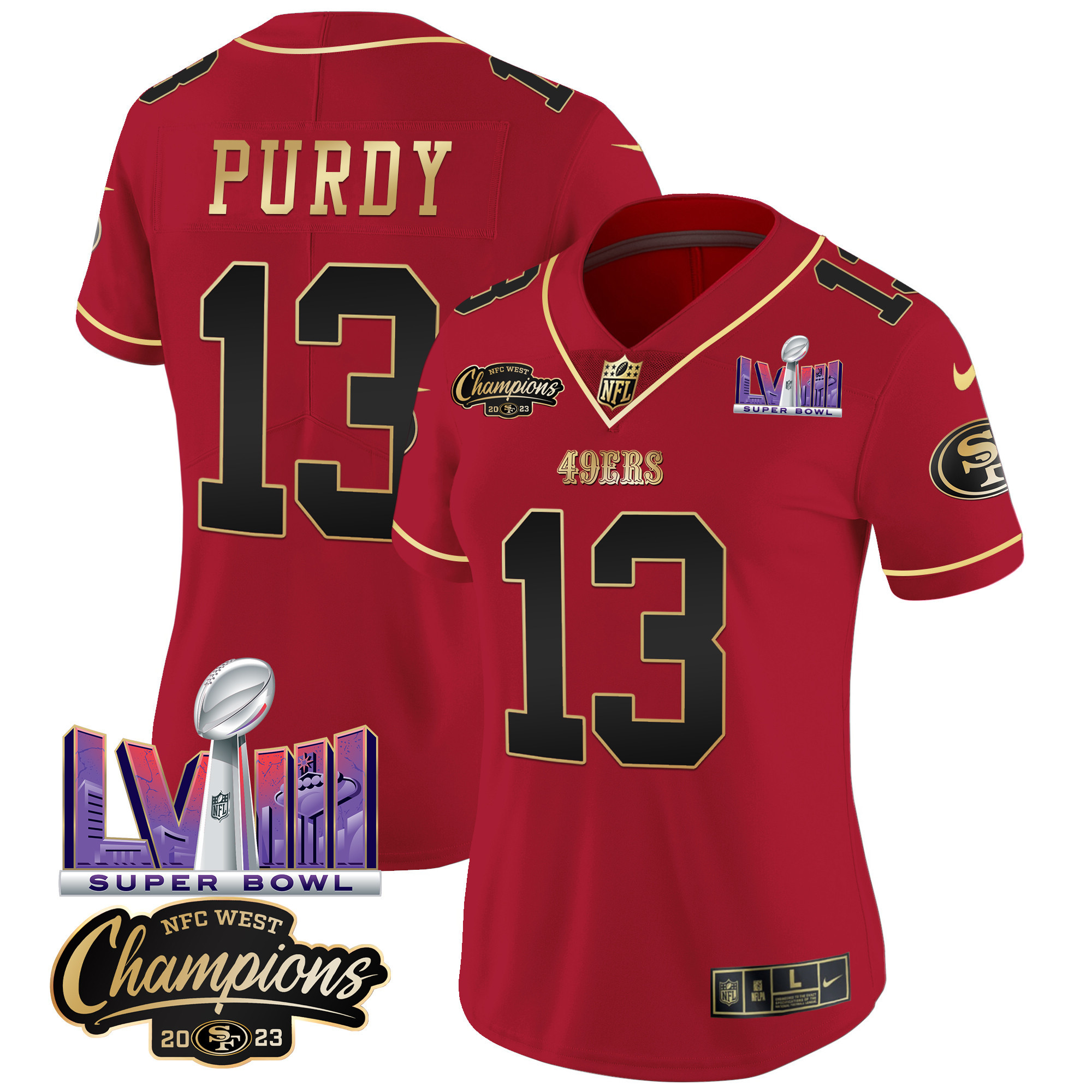 Women's 49ers NFC West Champions & Super Bowl LVIII Patch Vapor Jersey V2 - All Stitched - Image 13