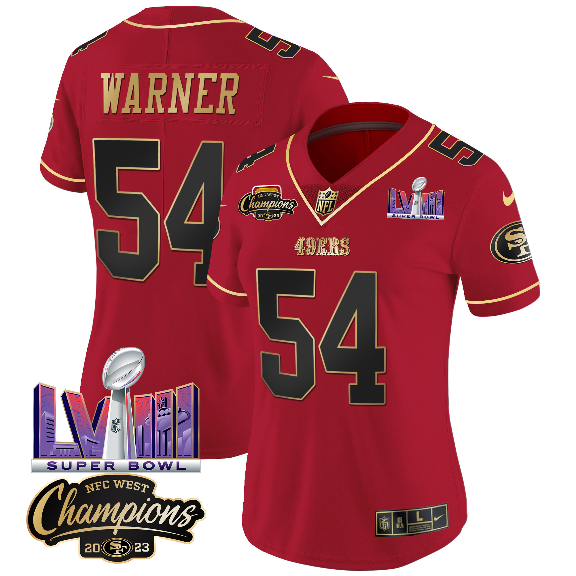 Women's 49ers NFC West Champions & Super Bowl LVIII Patch Vapor Jersey V2 - All Stitched - Image 15