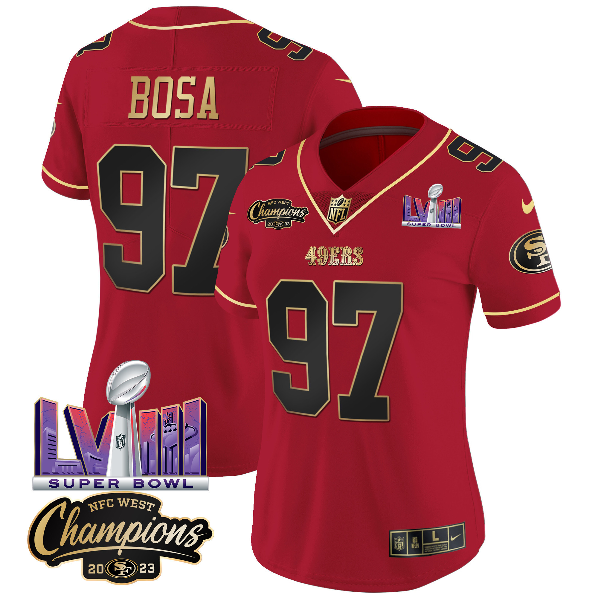 Women's 49ers NFC West Champions & Super Bowl LVIII Patch Vapor Jersey V2 - All Stitched - Image 17