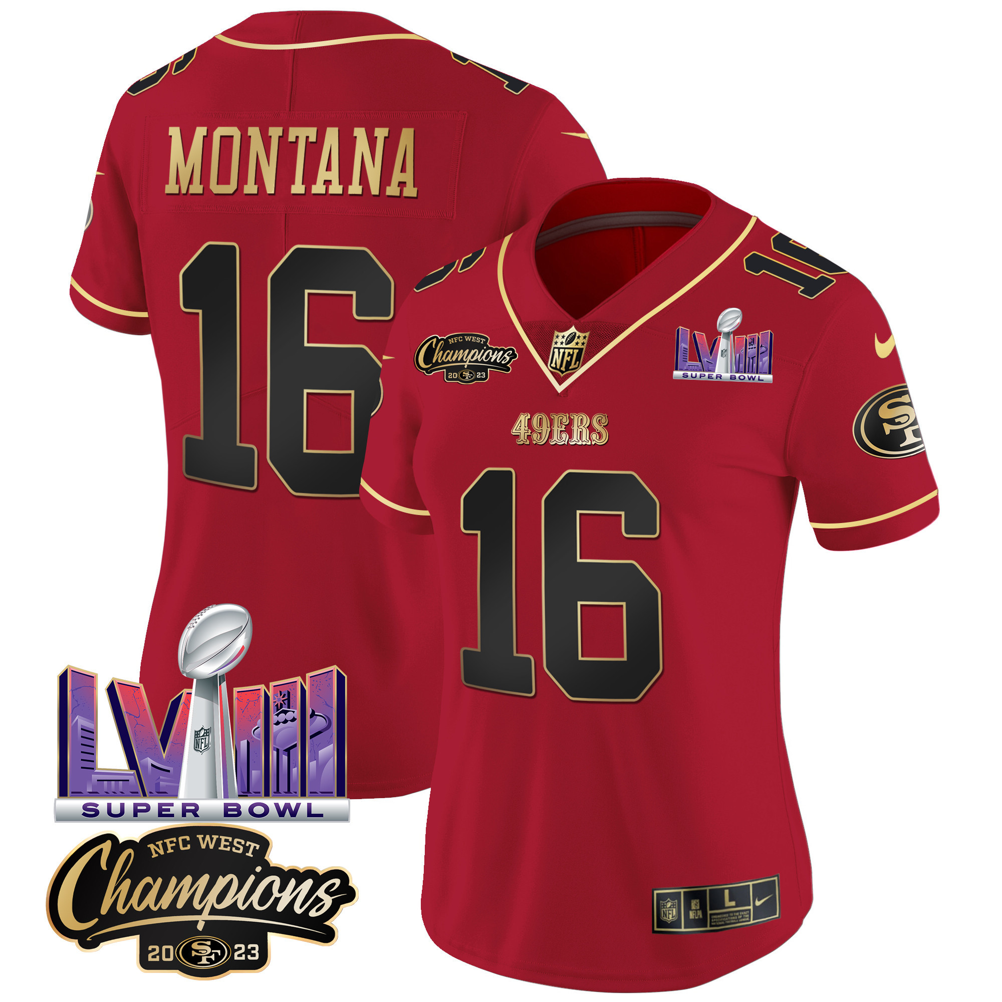 Women's 49ers NFC West Champions & Super Bowl LVIII Patch Vapor Jersey V2 - All Stitched - Image 18