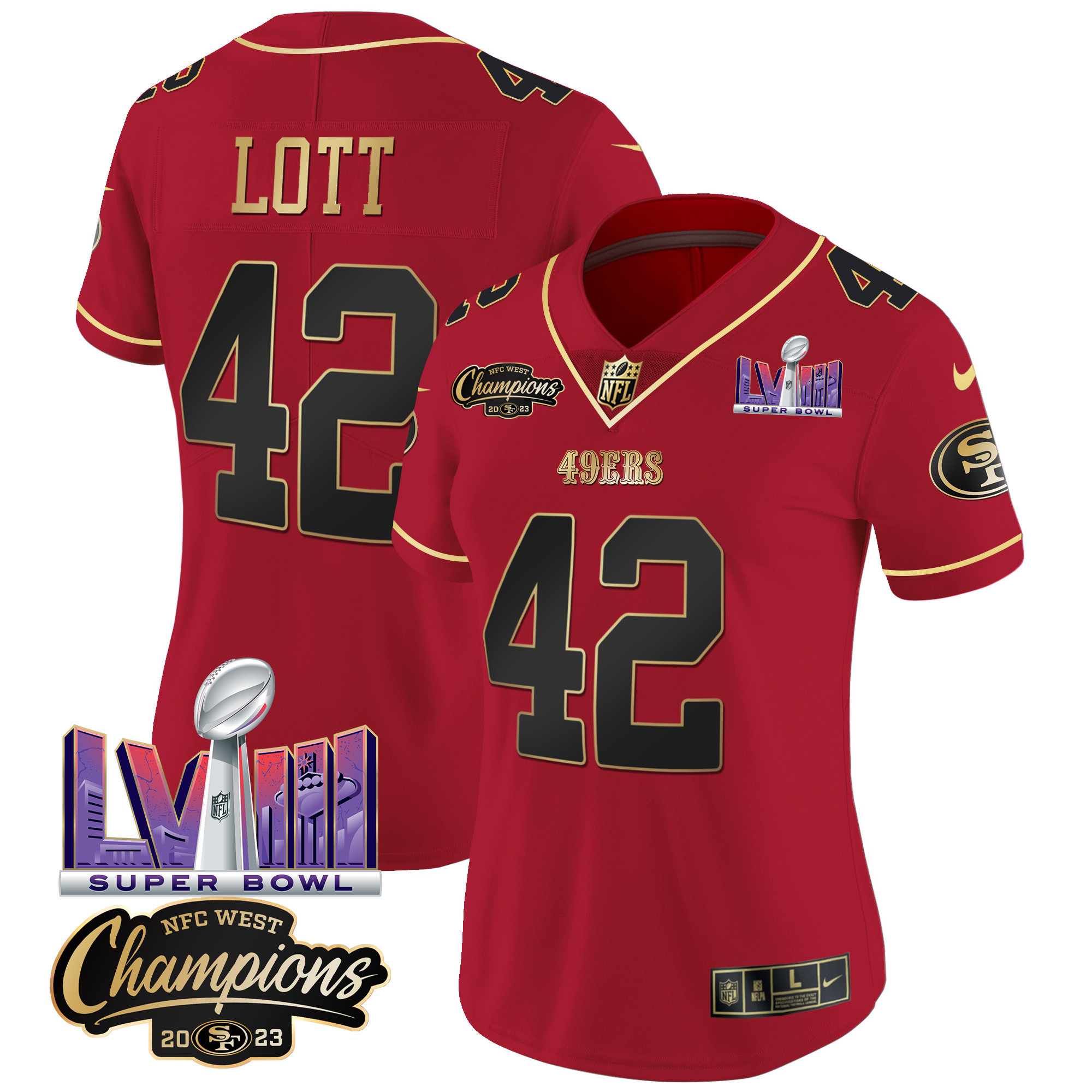 Women's 49ers NFC West Champions & Super Bowl LVIII Patch Vapor Jersey V2 - All Stitched - Image 19