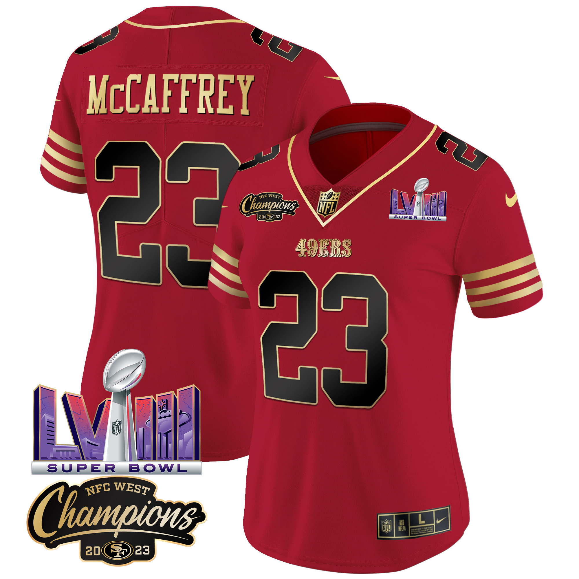Women's 49ers NFC West Champions & Super Bowl LVIII Patch Vapor Jersey V2 - All Stitched - Image 21