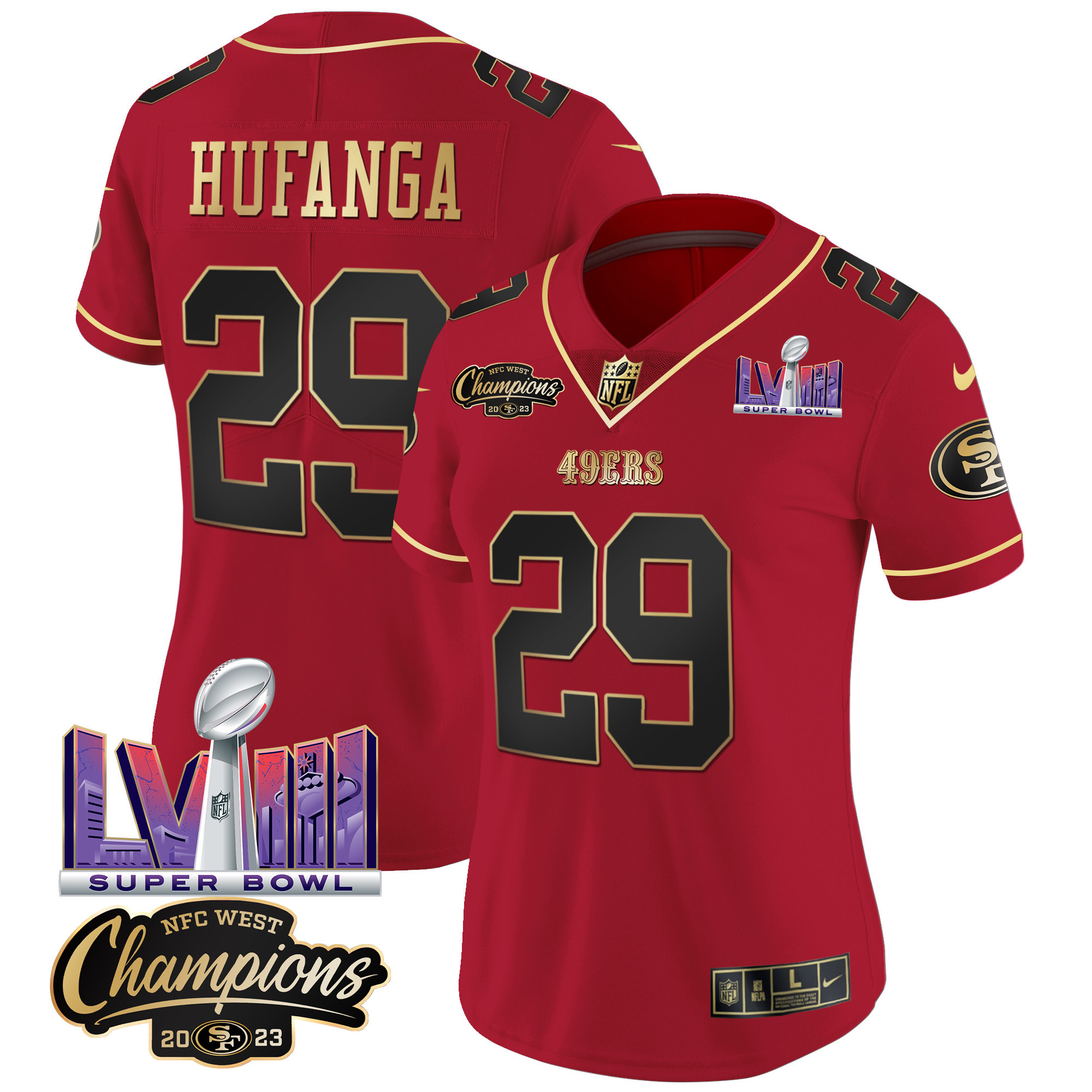 Women's 49ers NFC West Champions & Super Bowl LVIII Patch Vapor Jersey V2 - All Stitched - Image 20