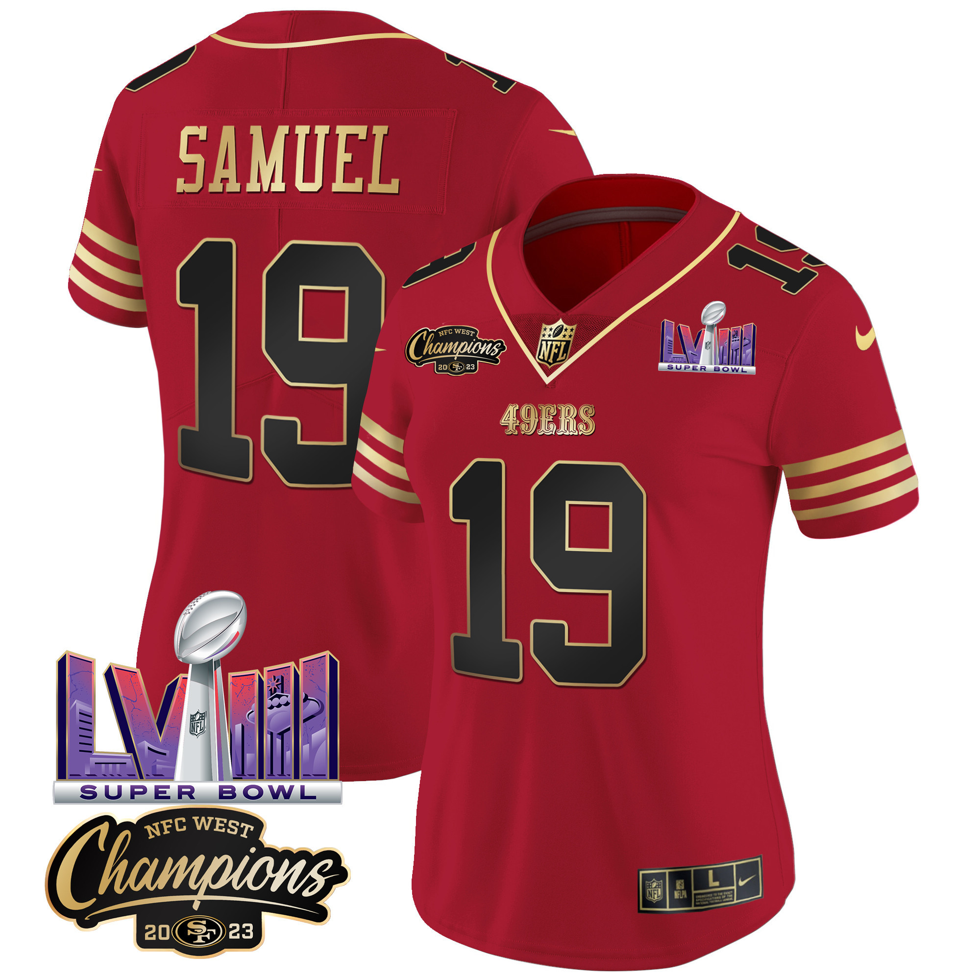 Women's 49ers NFC West Champions & Super Bowl LVIII Patch Vapor Jersey V2 - All Stitched - Image 22