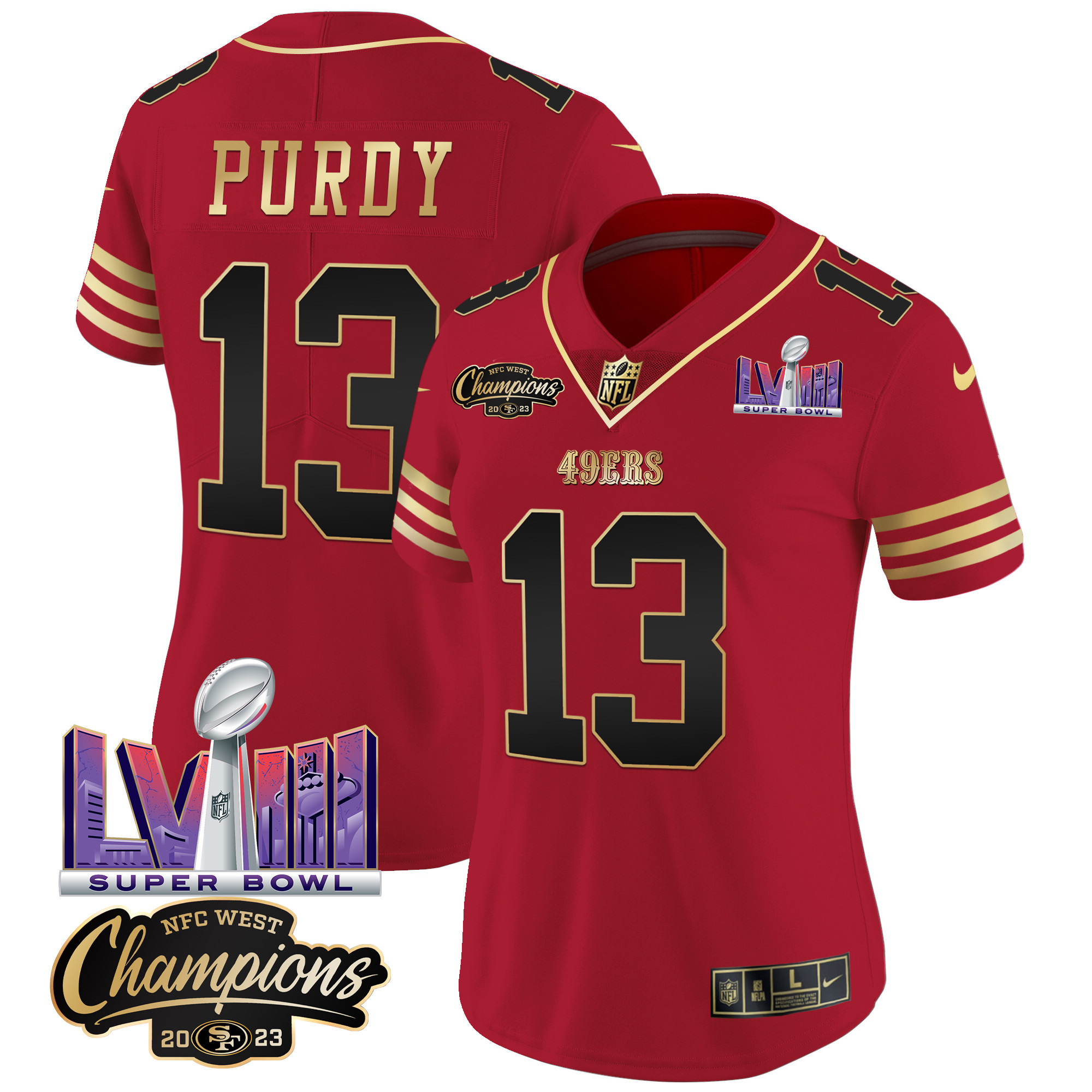 Women's 49ers NFC West Champions & Super Bowl LVIII Patch Vapor Jersey V2 - All Stitched - Image 23