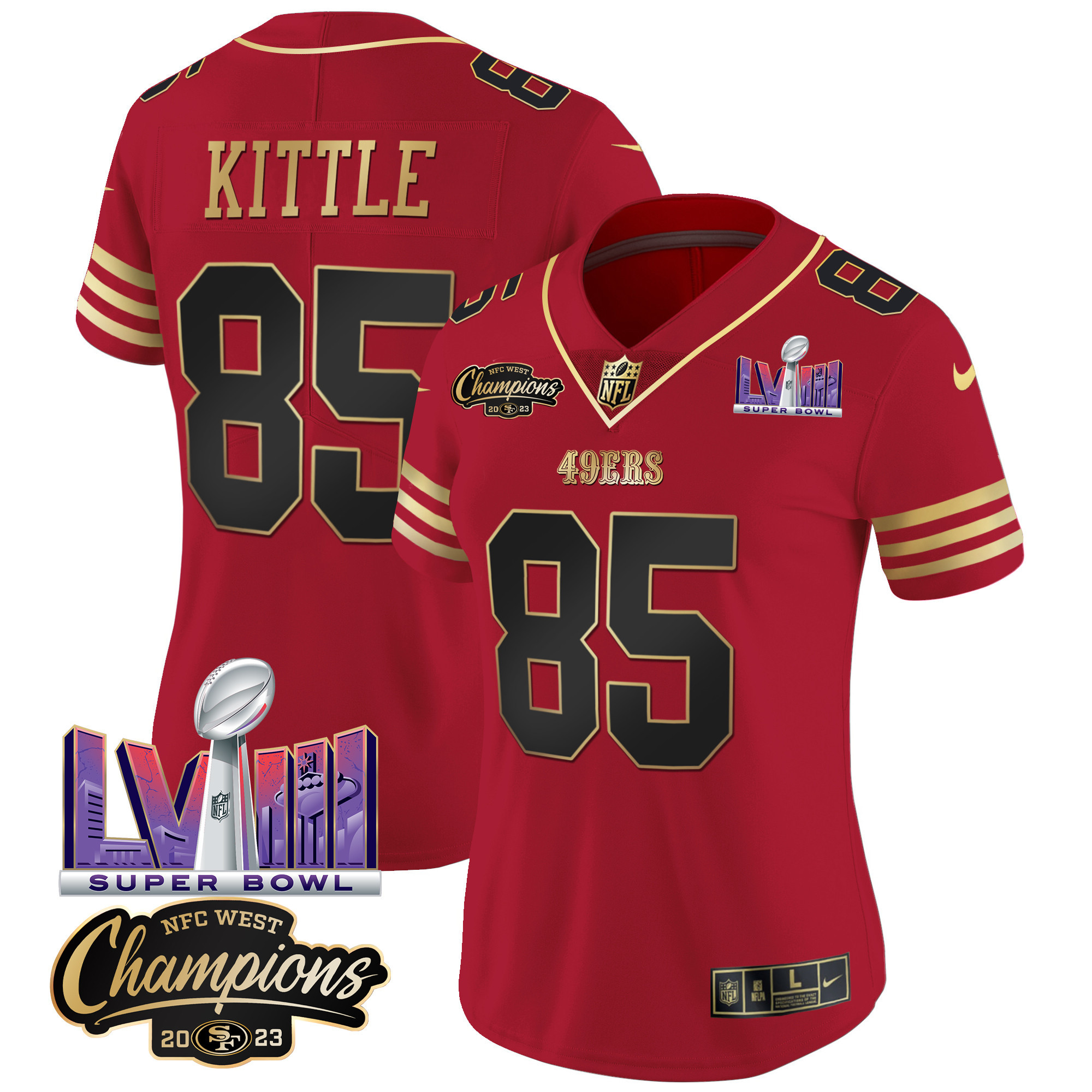 Women's 49ers NFC West Champions & Super Bowl LVIII Patch Vapor Jersey V2 - All Stitched - Image 24