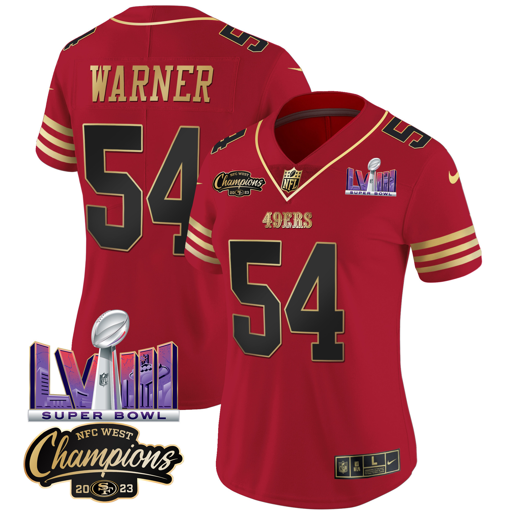 Women's 49ers NFC West Champions & Super Bowl LVIII Patch Vapor Jersey V2 - All Stitched - Image 25