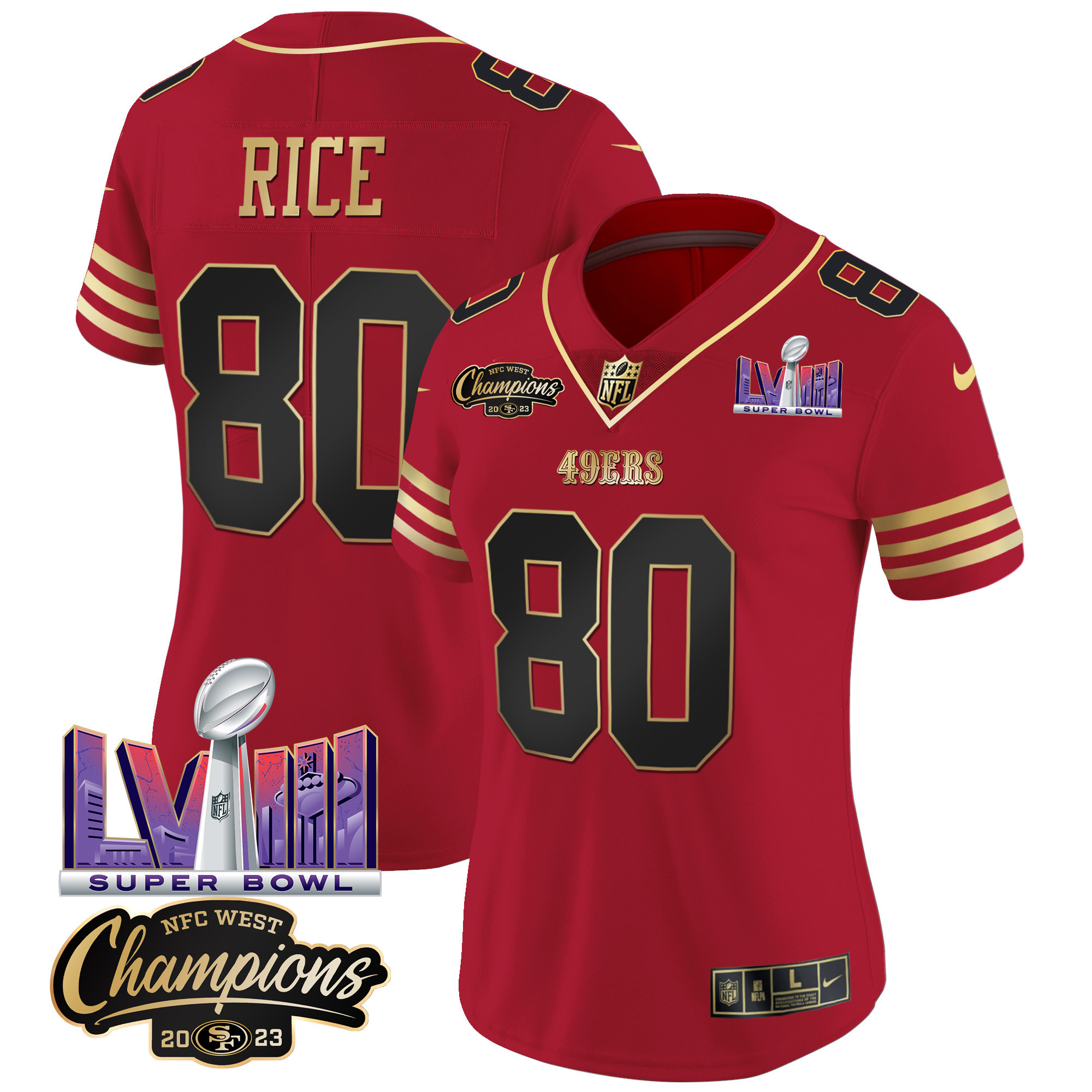 Women's 49ers NFC West Champions & Super Bowl LVIII Patch Vapor Jersey V2 - All Stitched - Image 26