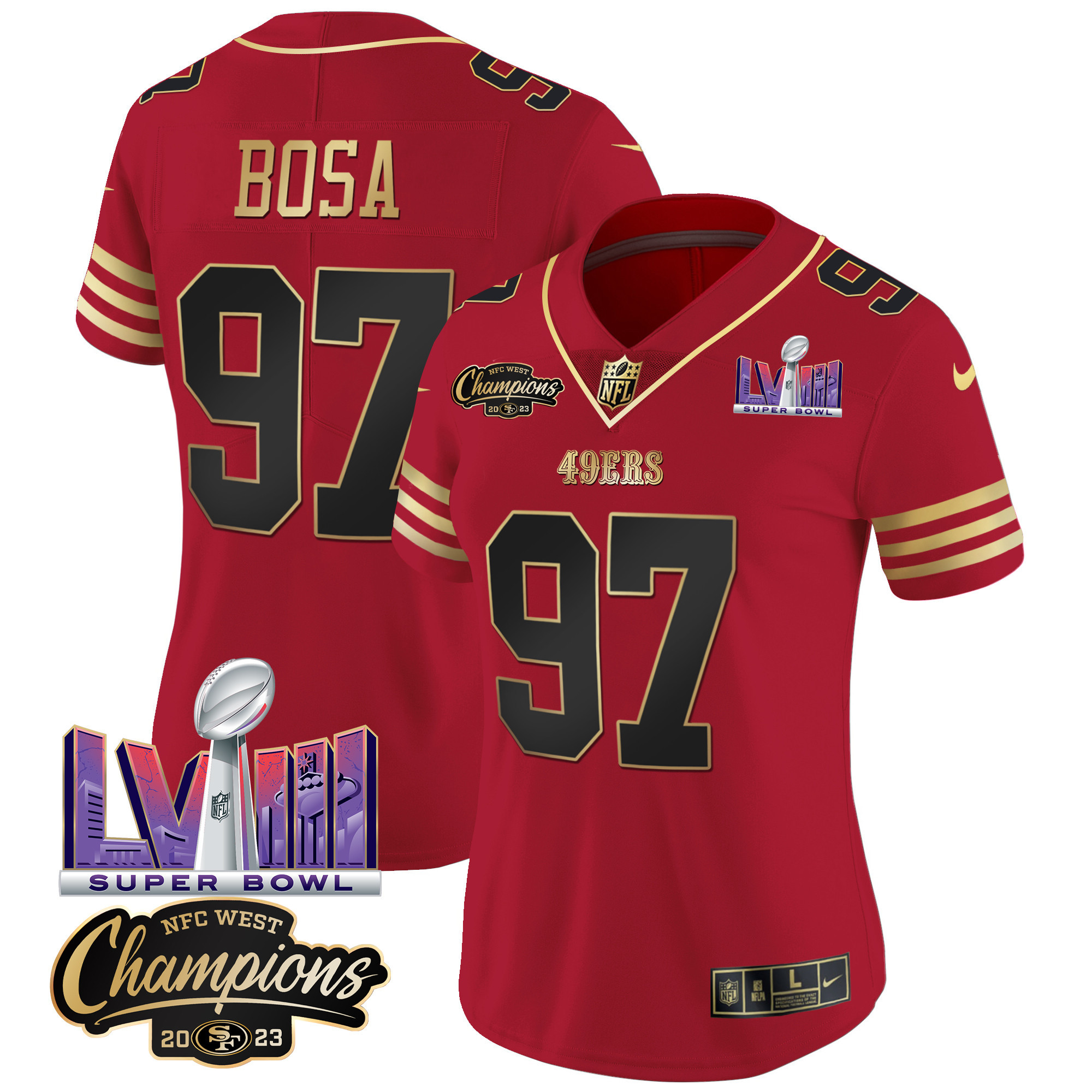 Women's 49ers NFC West Champions & Super Bowl LVIII Patch Vapor Jersey V2 - All Stitched - Image 27