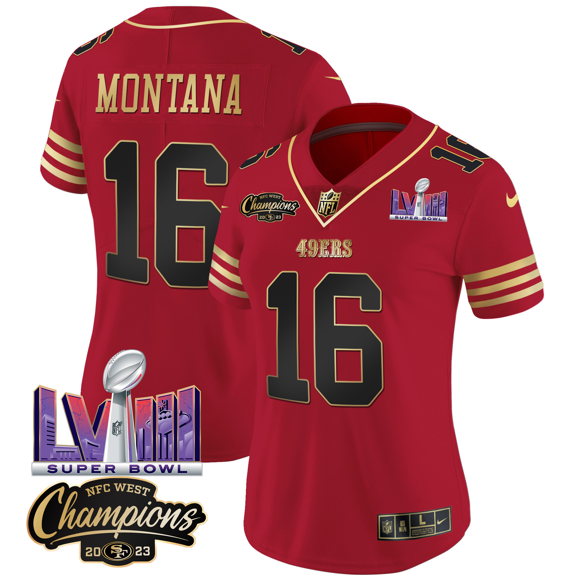 Women's 49ers NFC West Champions & Super Bowl LVIII Patch Vapor Jersey V2 - All Stitched - Image 28