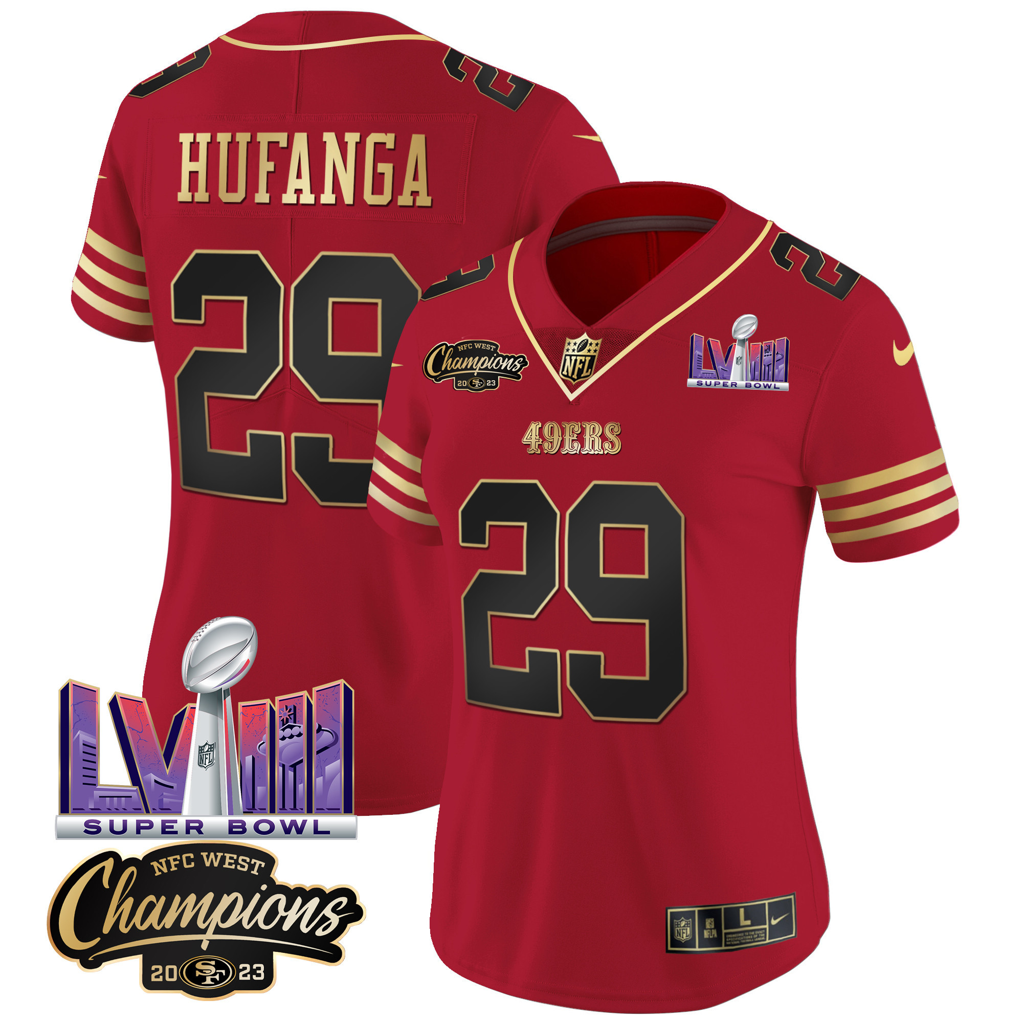 Women's 49ers NFC West Champions & Super Bowl LVIII Patch Vapor Jersey V2 - All Stitched - Image 30