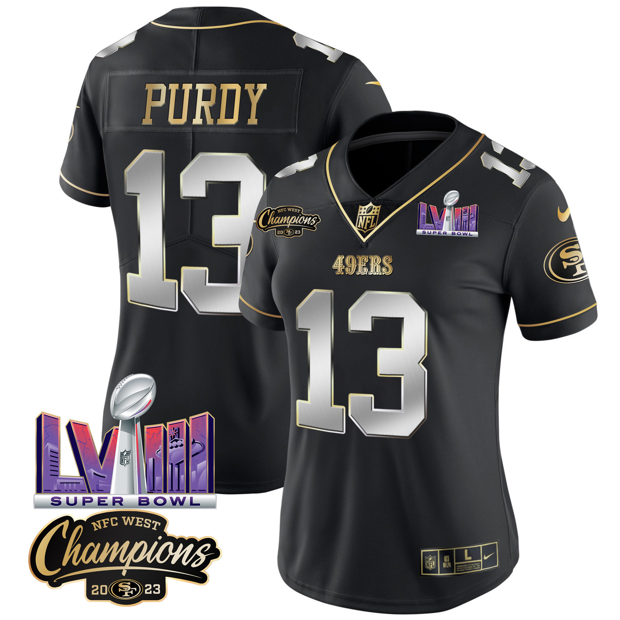 Women's 49ers NFC West Champions & Super Bowl LVIII Patch Vapor Jersey V2 - All Stitched - Image 33