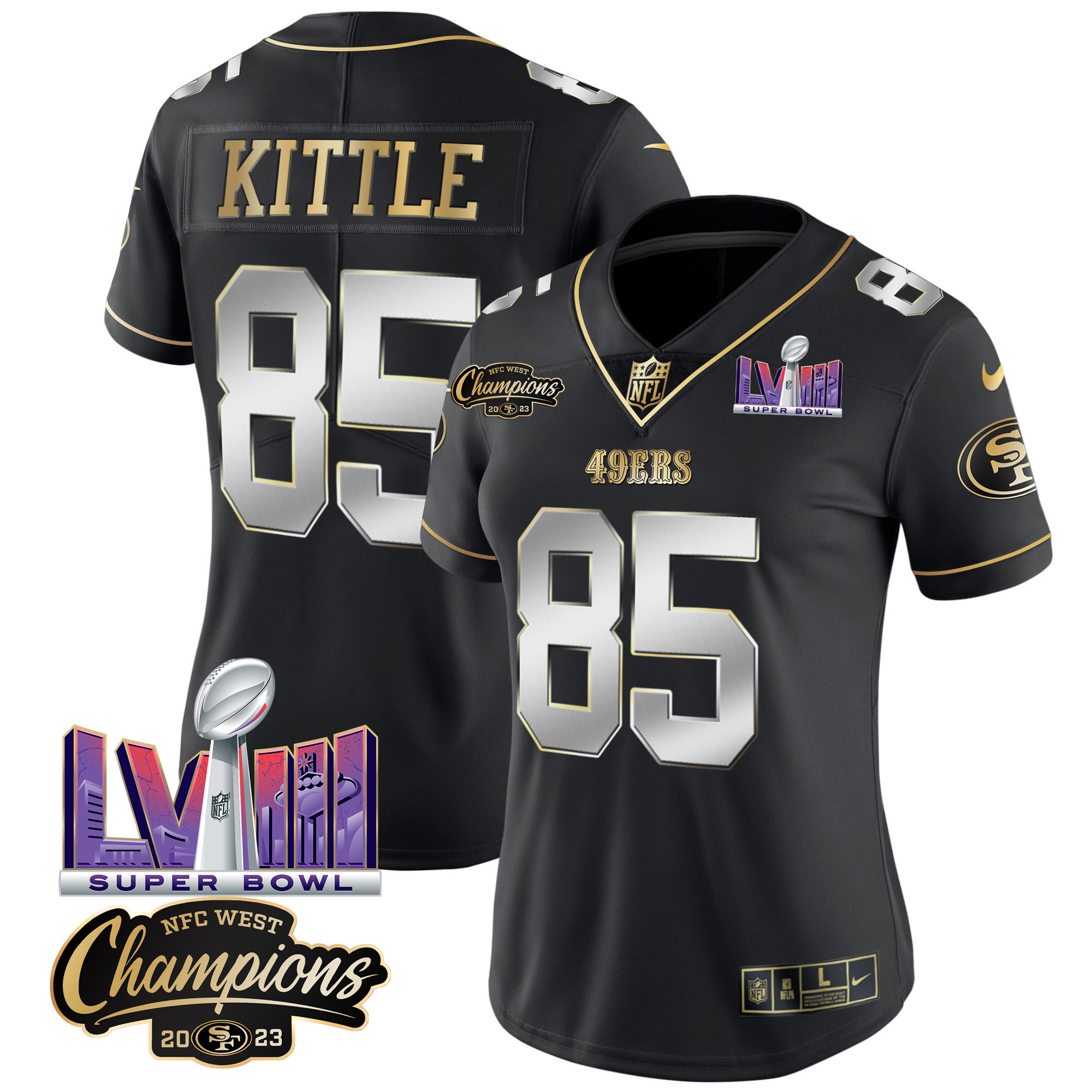 Women's 49ers NFC West Champions & Super Bowl LVIII Patch Vapor Jersey V2 - All Stitched - Image 34