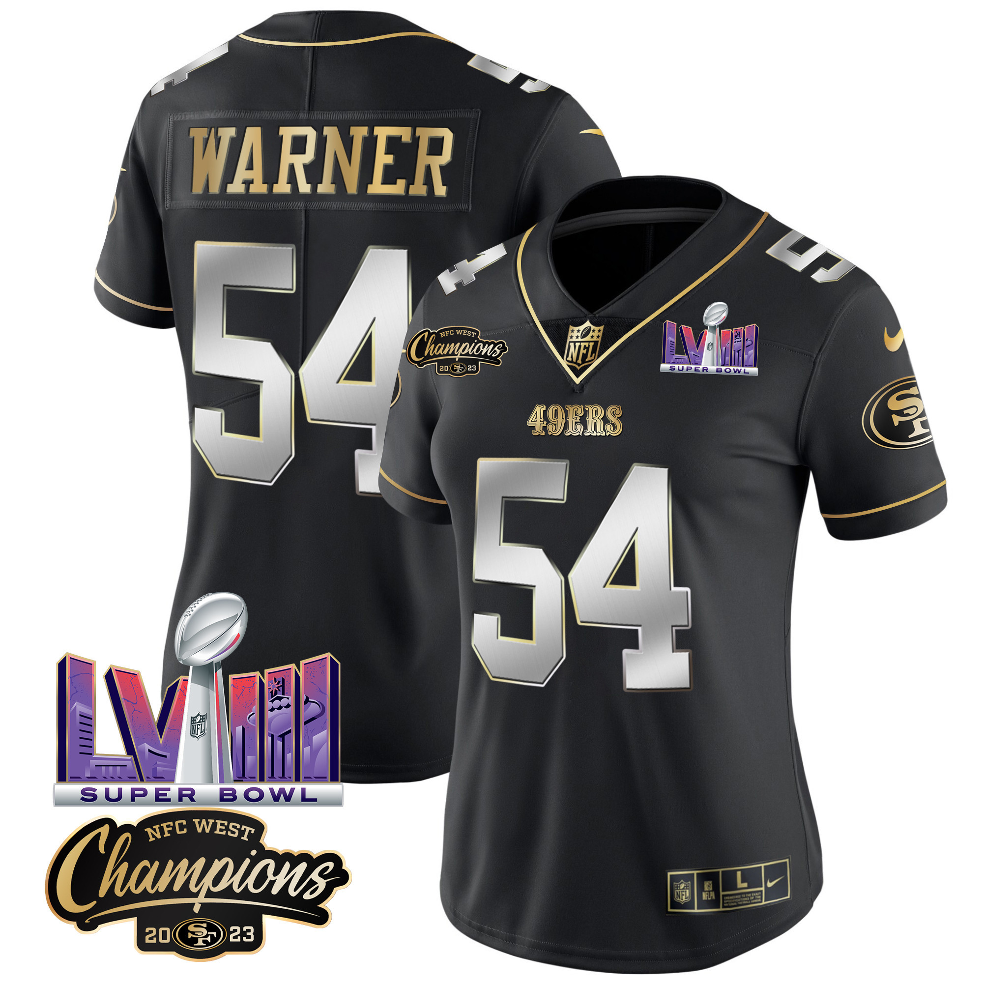 Women's 49ers NFC West Champions & Super Bowl LVIII Patch Vapor Jersey V2 - All Stitched - Image 35