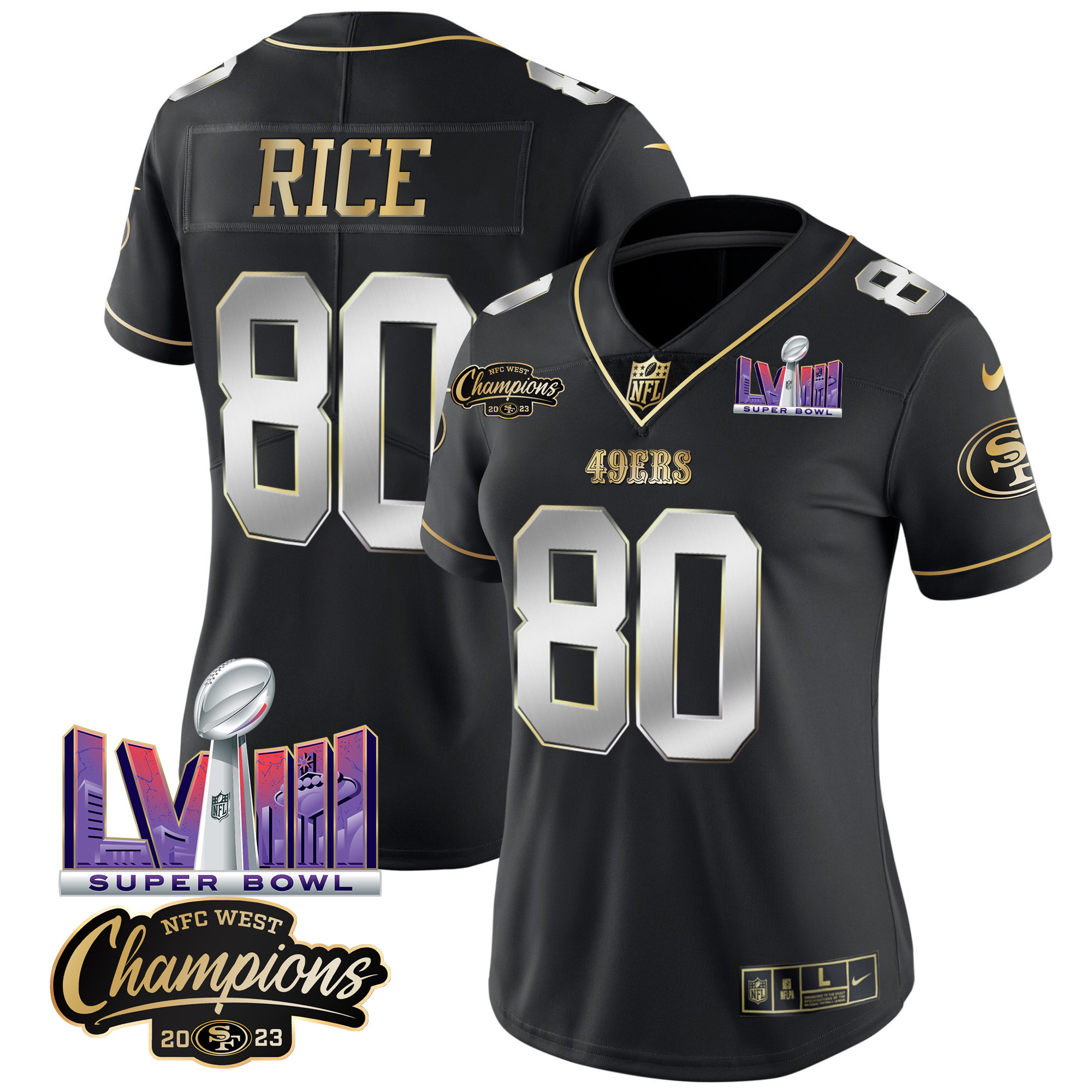 Women's 49ers NFC West Champions & Super Bowl LVIII Patch Vapor Jersey V2 - All Stitched - Image 36