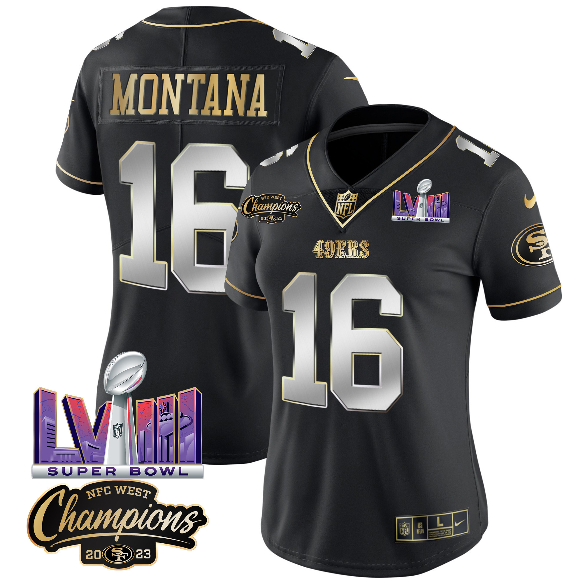 Women's 49ers NFC West Champions & Super Bowl LVIII Patch Vapor Jersey V2 - All Stitched - Image 38