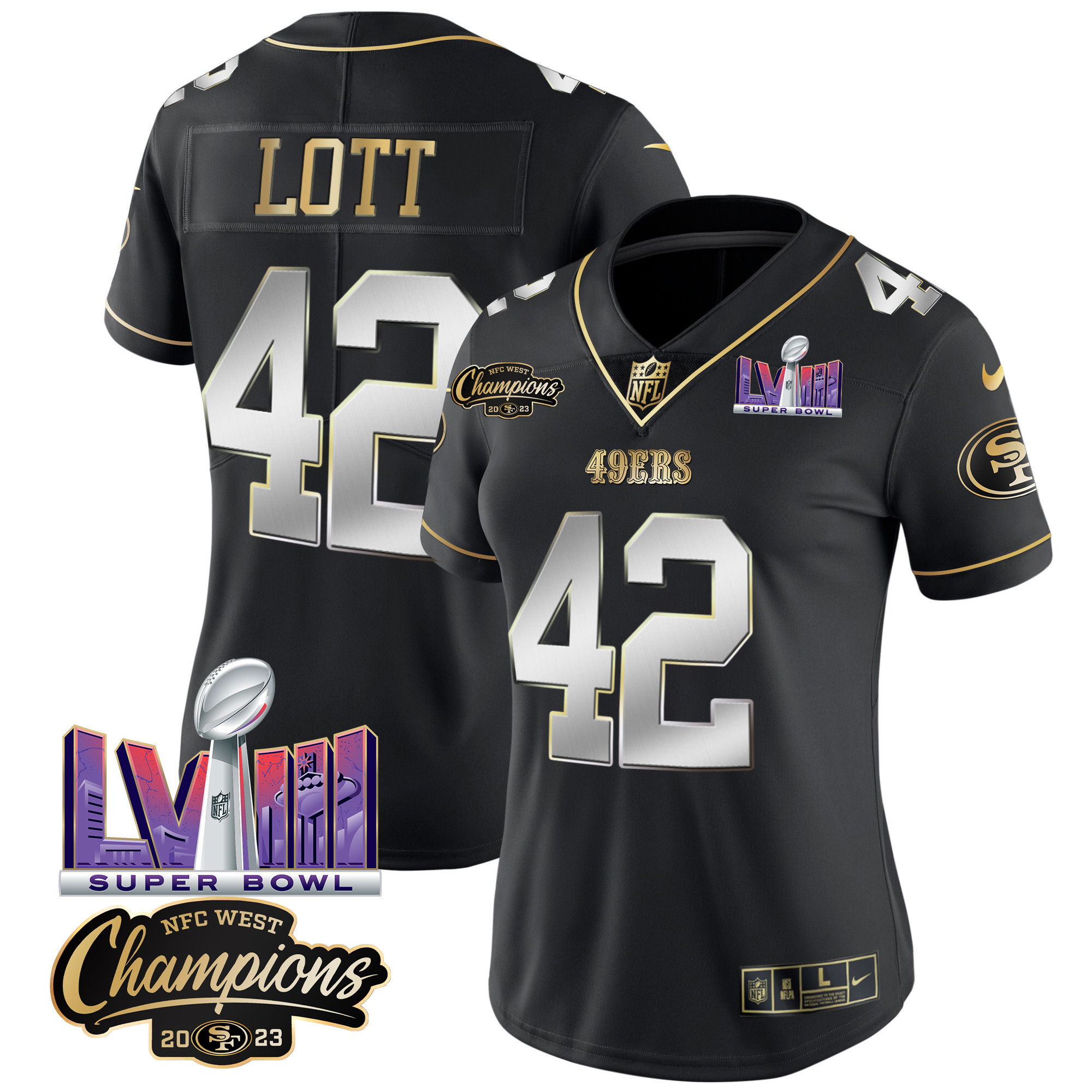 Women's 49ers NFC West Champions & Super Bowl LVIII Patch Vapor Jersey V2 - All Stitched - Image 39
