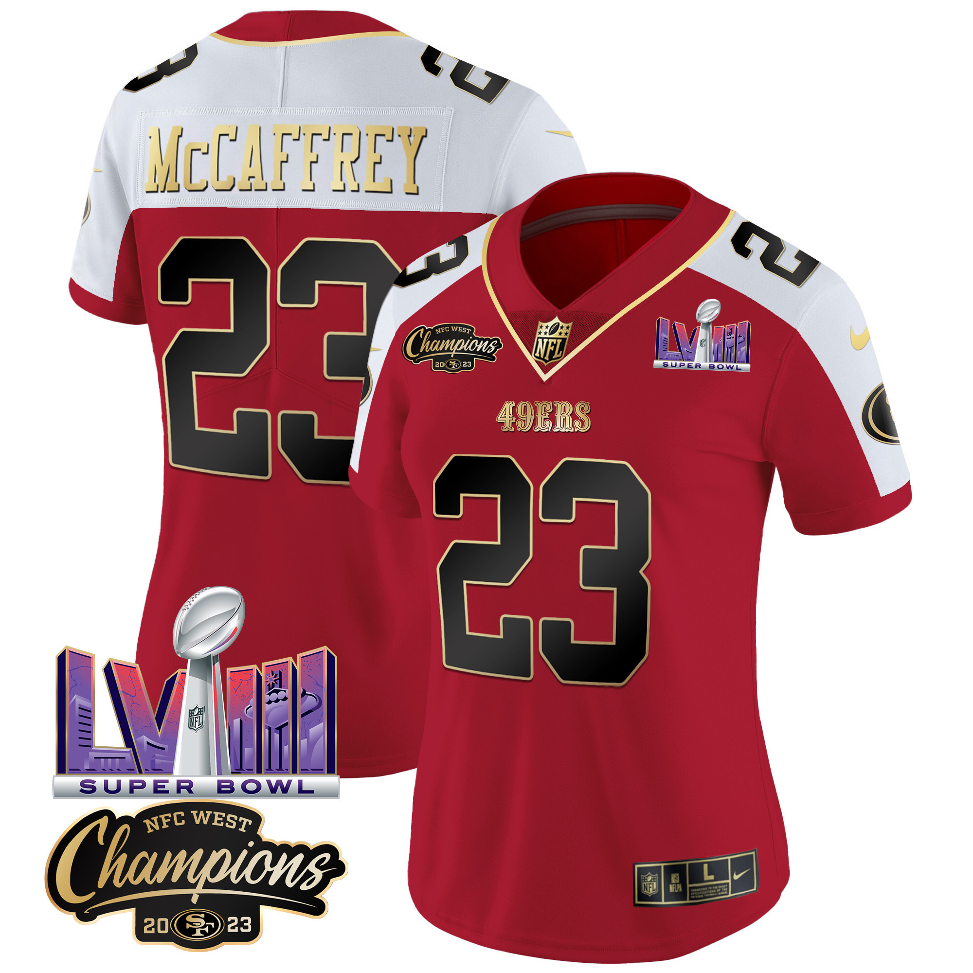 Women's 49ers NFC West Champions & Super Bowl LVIII Patch Vapor Jersey V2 - All Stitched - Image 41