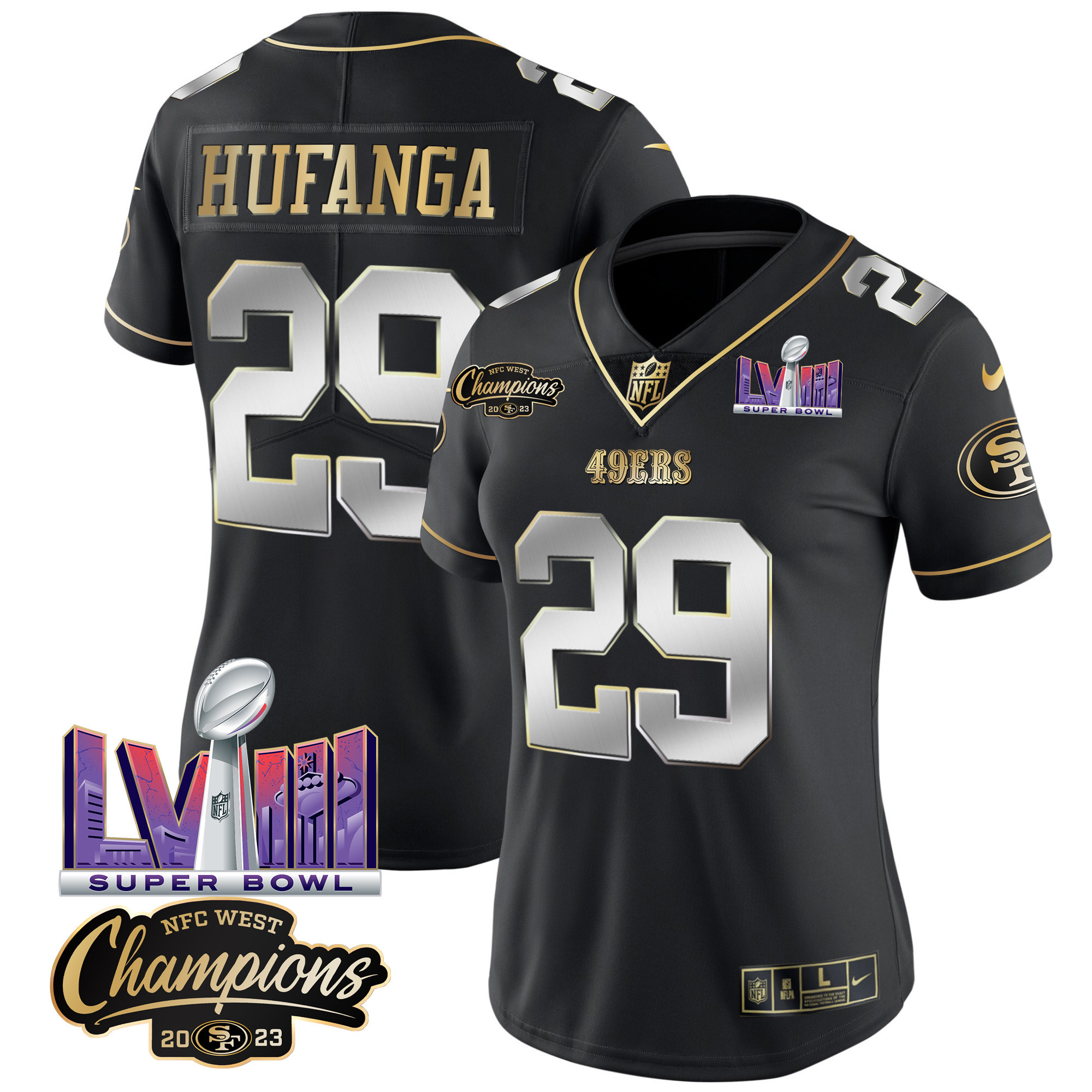 Women's 49ers NFC West Champions & Super Bowl LVIII Patch Vapor Jersey V2 - All Stitched - Image 40