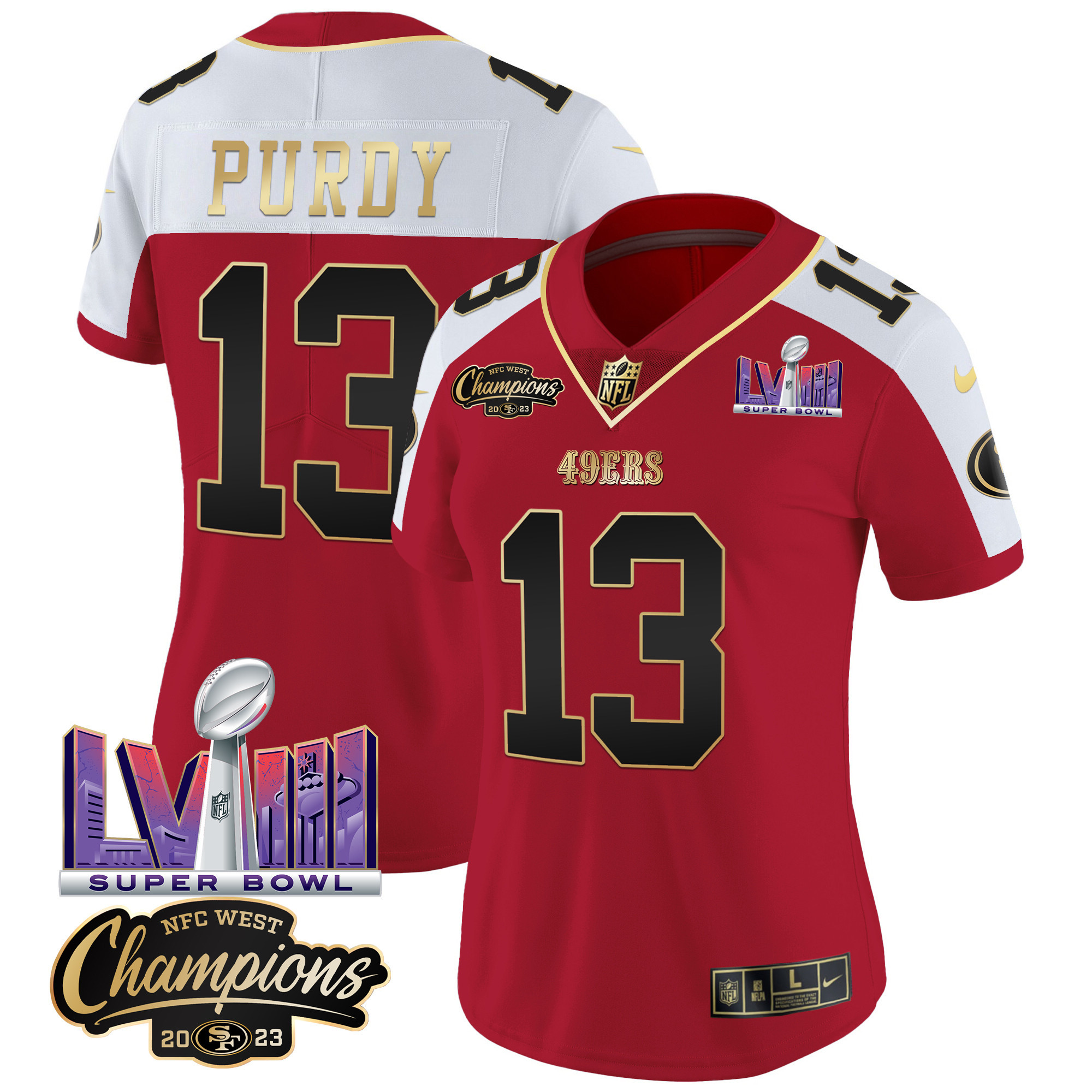 Women's 49ers NFC West Champions & Super Bowl LVIII Patch Vapor Jersey V2 - All Stitched - Image 43