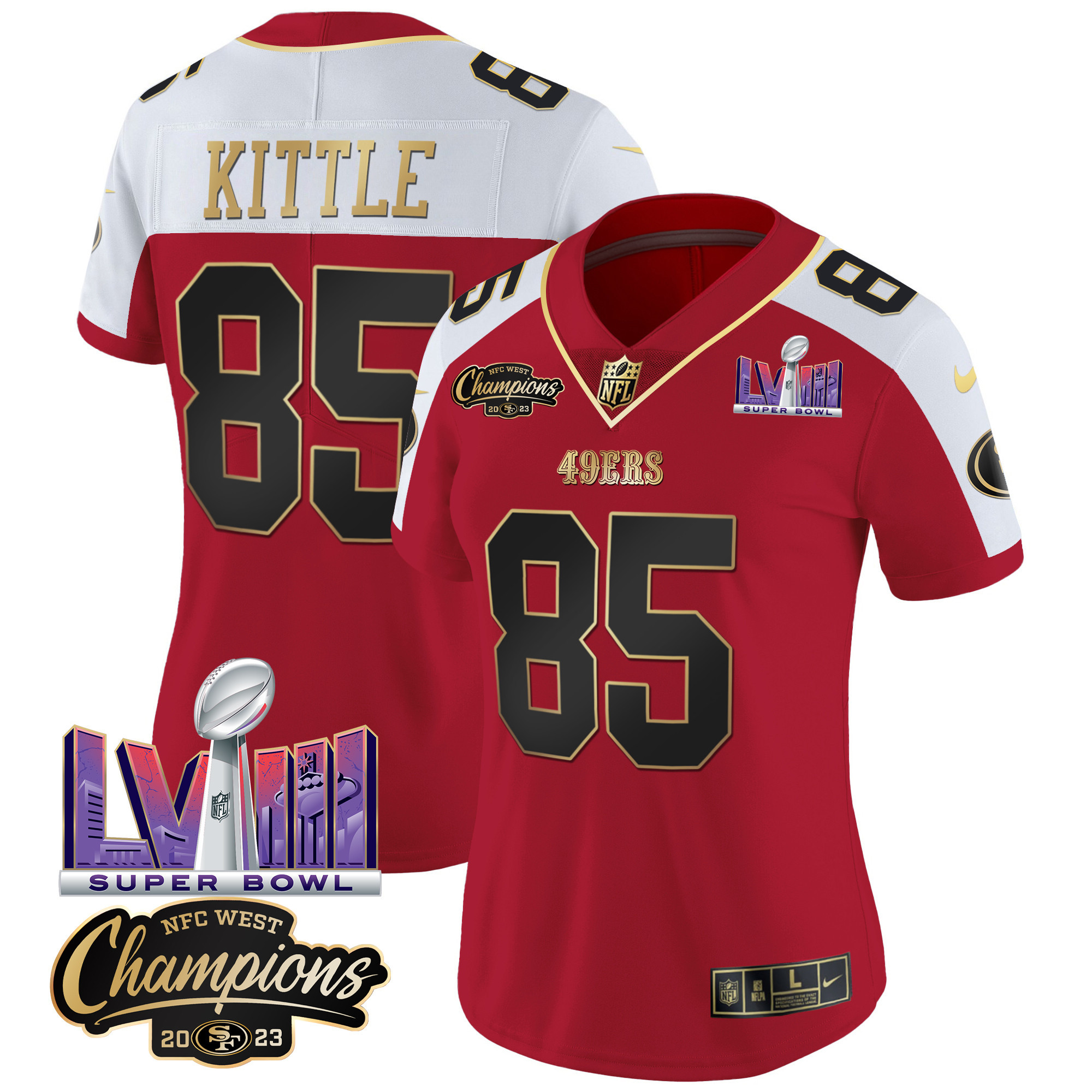 Women's 49ers NFC West Champions & Super Bowl LVIII Patch Vapor Jersey V2 - All Stitched - Image 44