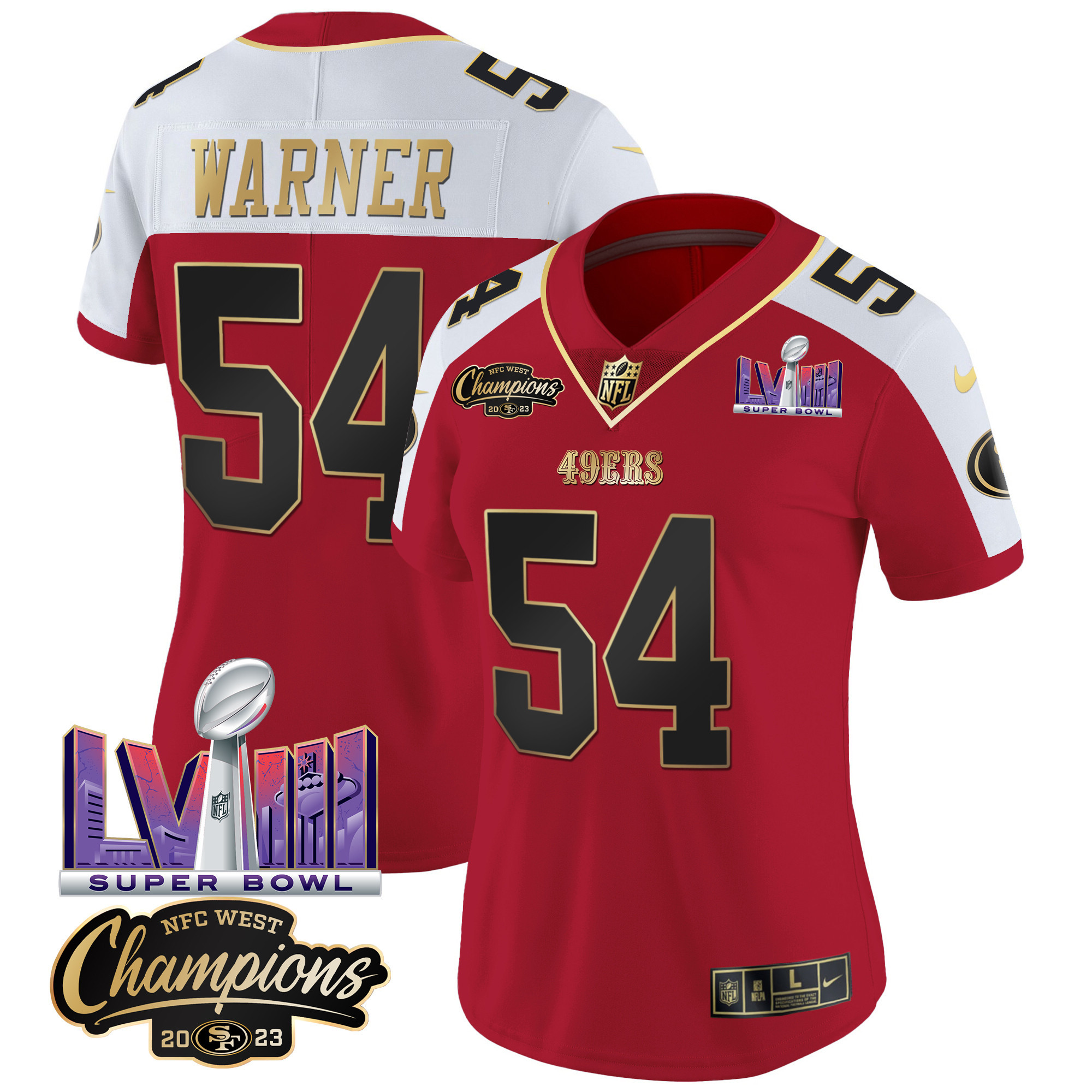Women's 49ers NFC West Champions & Super Bowl LVIII Patch Vapor Jersey V2 - All Stitched - Image 45