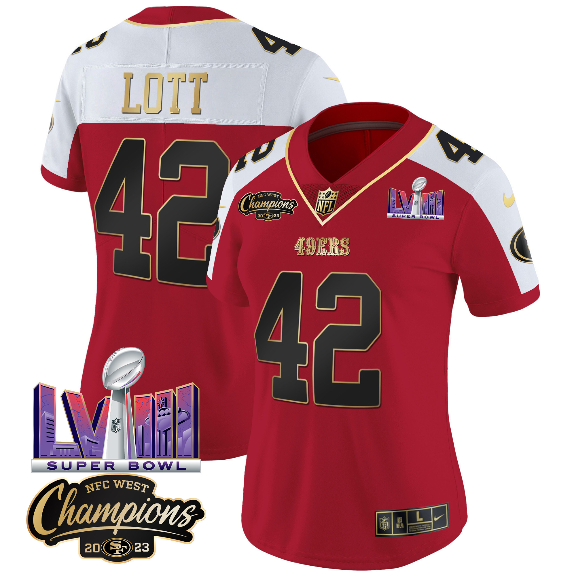 Women's 49ers NFC West Champions & Super Bowl LVIII Patch Vapor Jersey V2 - All Stitched - Image 49