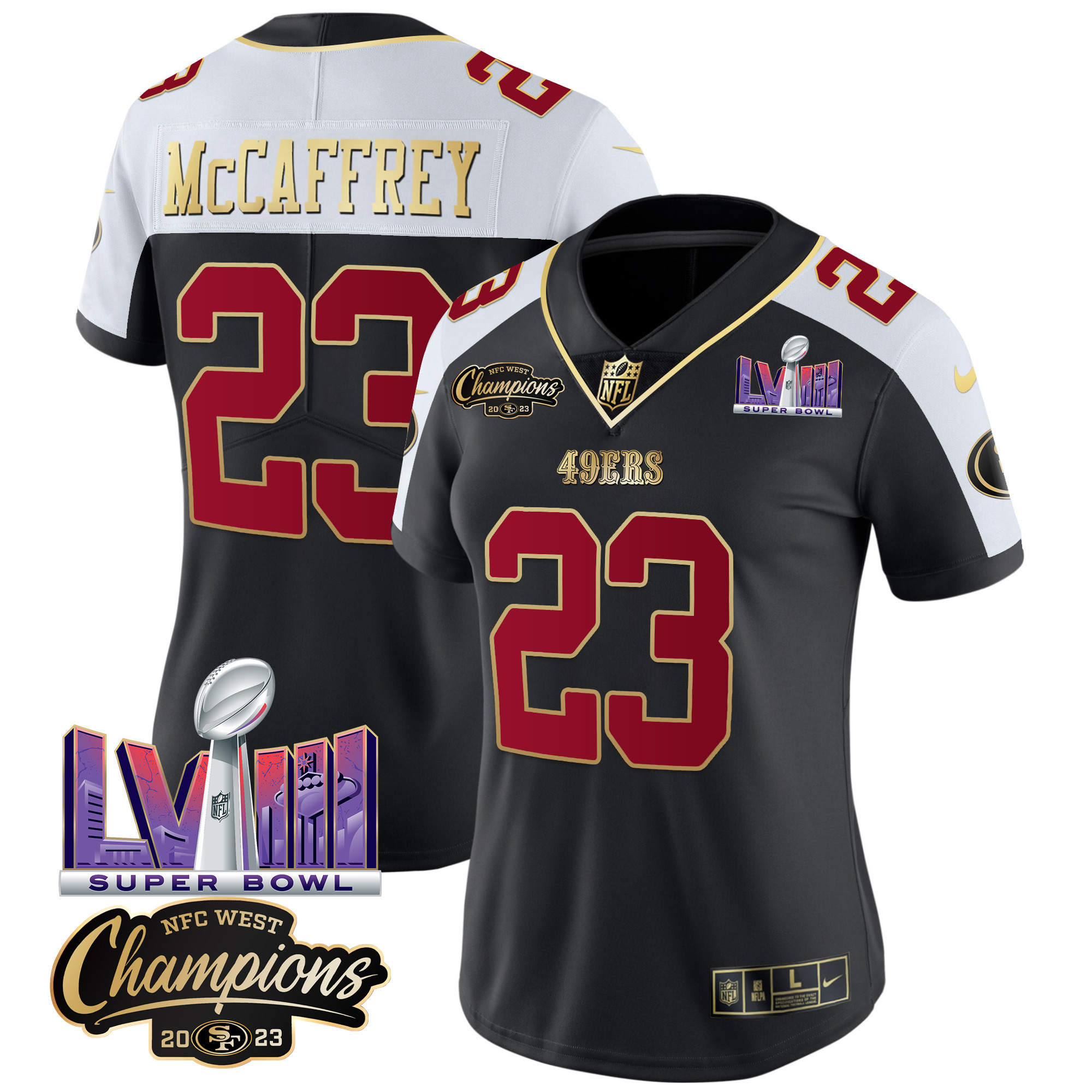 Women's 49ers NFC West Champions & Super Bowl LVIII Patch Vapor Jersey V2 - All Stitched