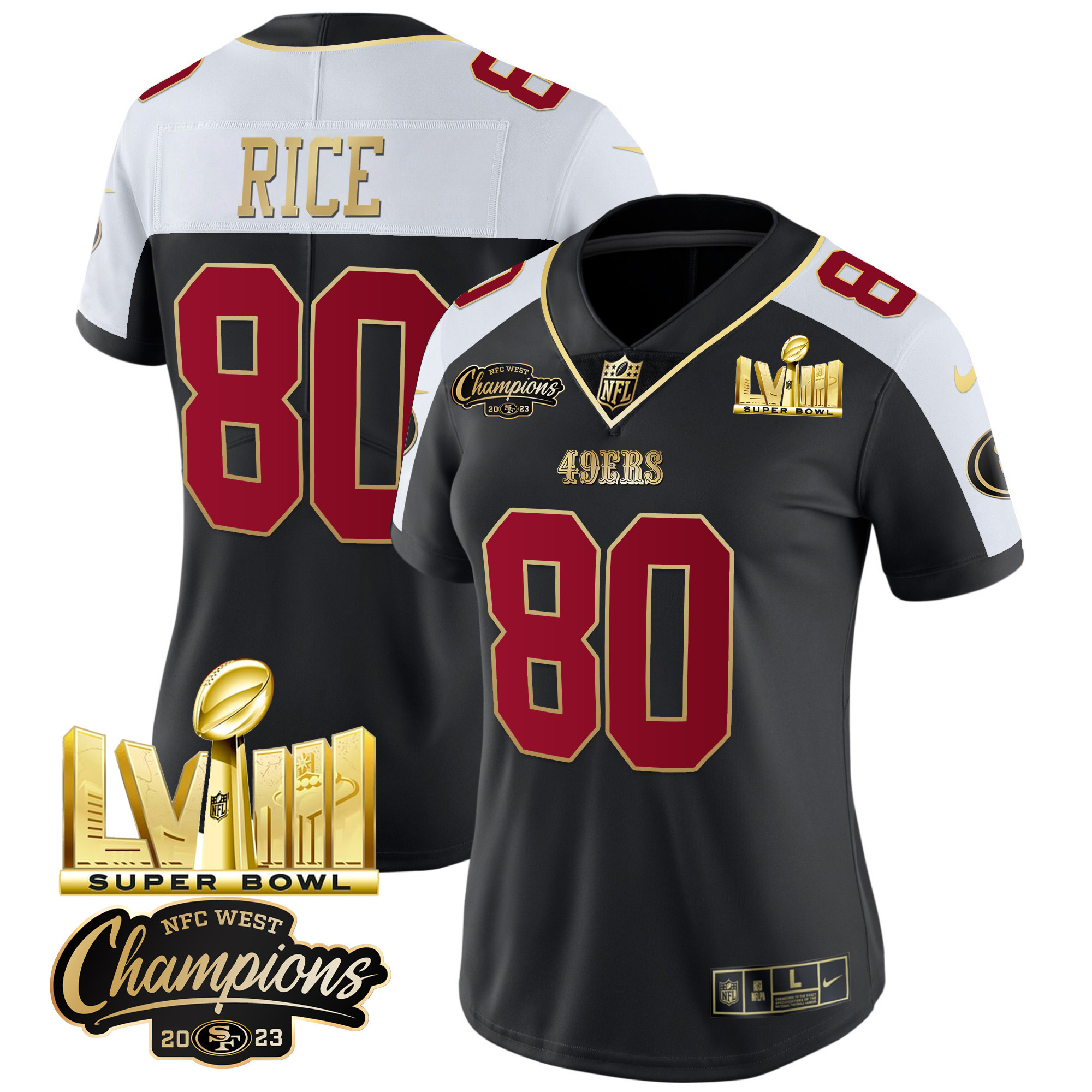 Women's 49ers NFC West Champions & Super Bowl LVIII Gold Patch Vapor Jersey V2 - All Stitched - Image 6