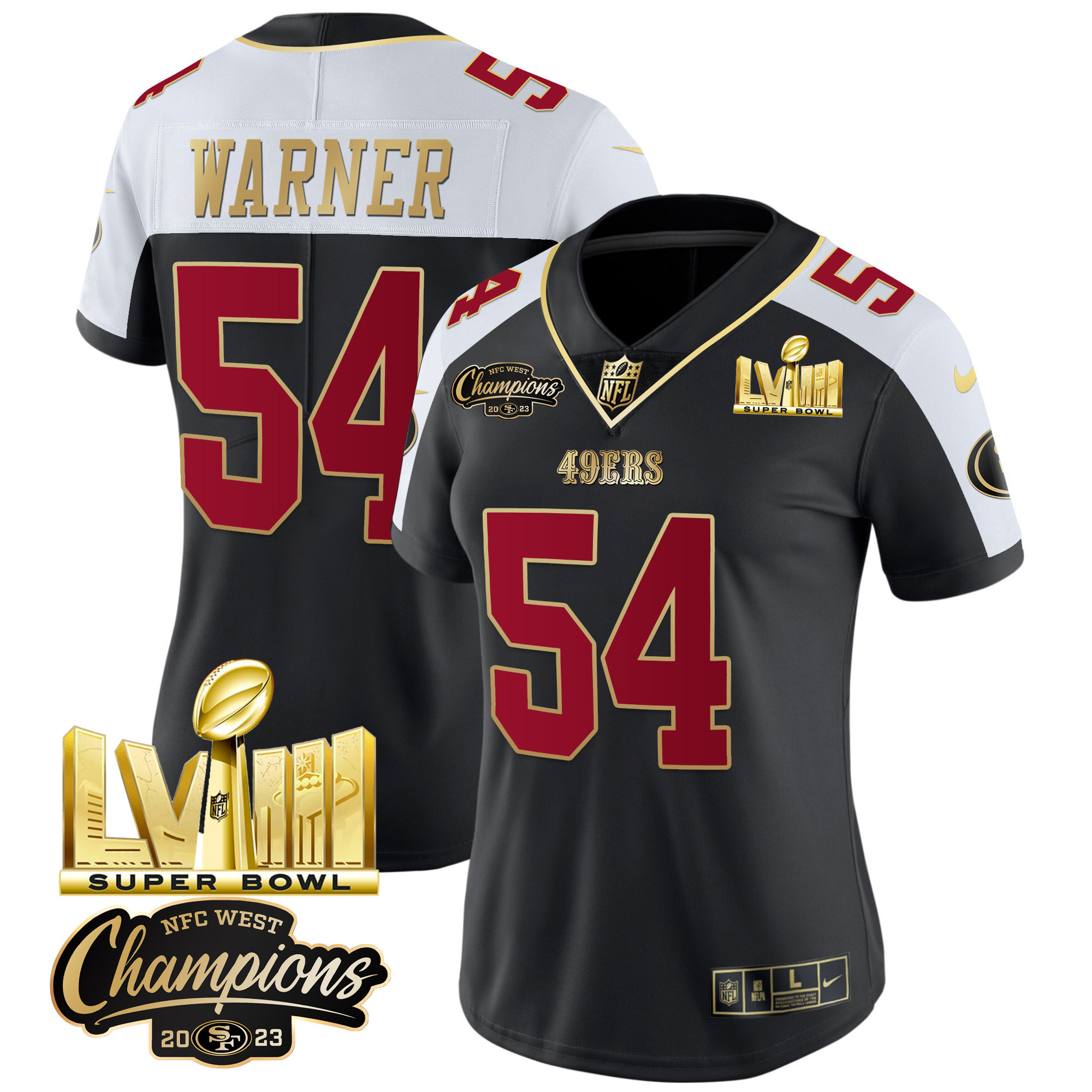 Women's 49ers NFC West Champions & Super Bowl LVIII Gold Patch Vapor Jersey V2 - All Stitched - Image 5
