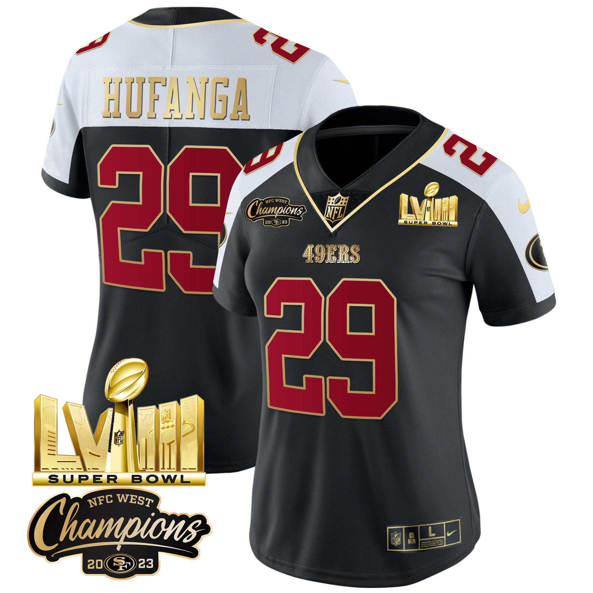 Women's 49ers NFC West Champions & Super Bowl LVIII Gold Patch Vapor Jersey V2 - All Stitched - Image 10