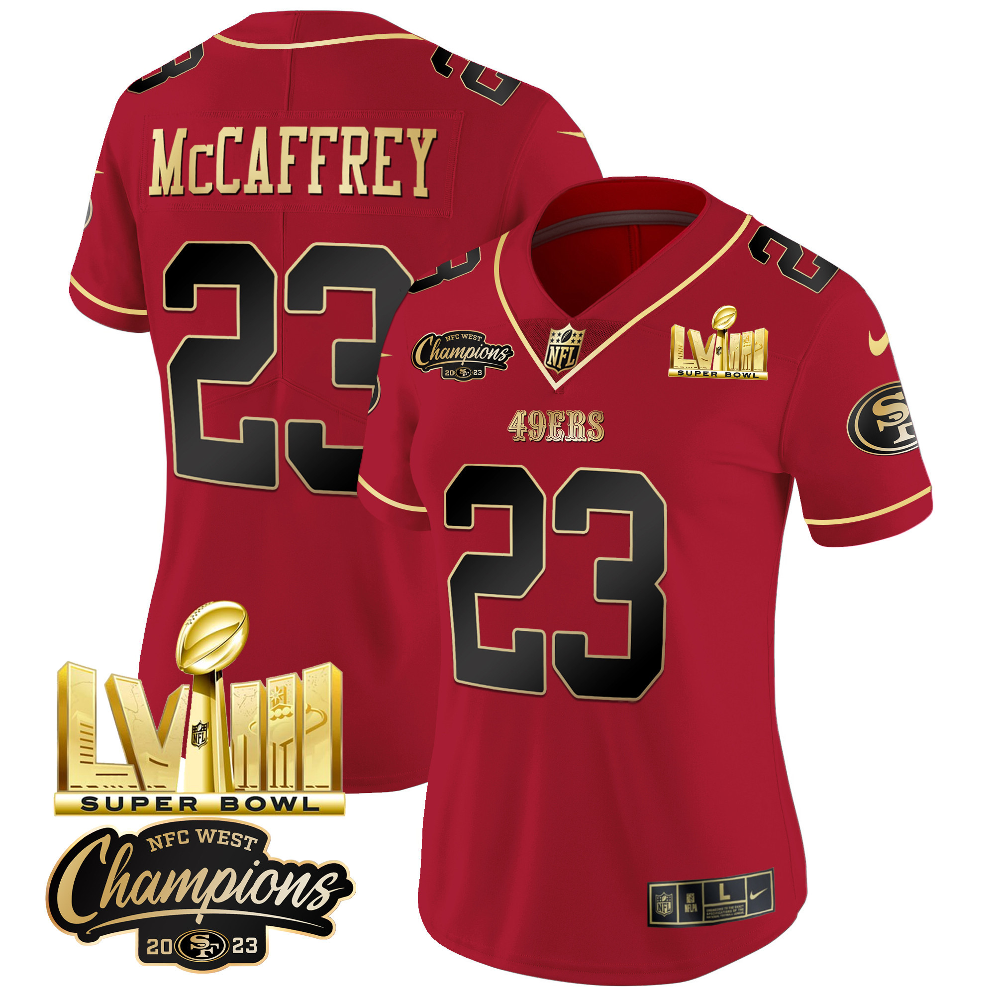 Women's 49ers NFC West Champions & Super Bowl LVIII Gold Patch Vapor Jersey V2 - All Stitched - Image 11