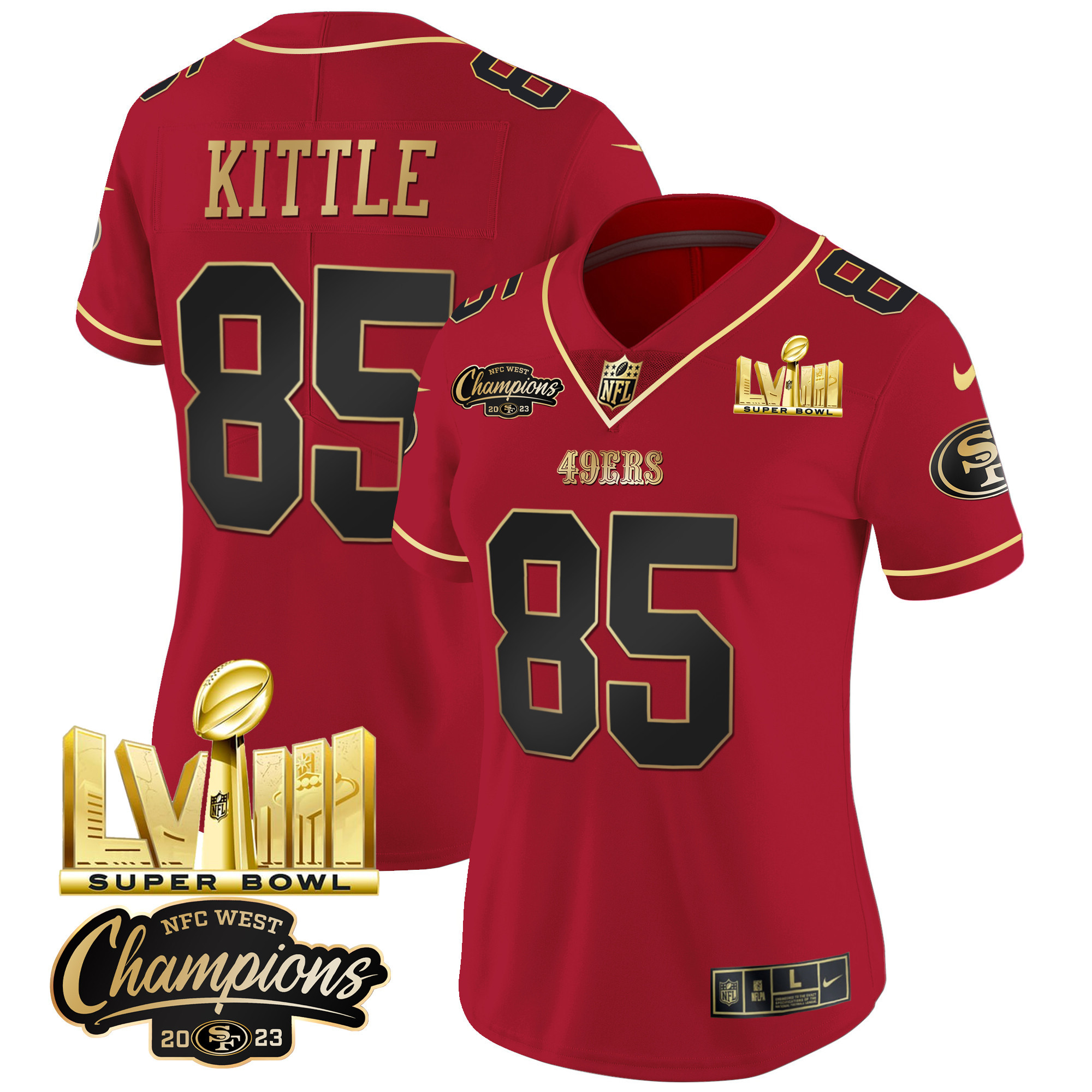 Women's 49ers NFC West Champions & Super Bowl LVIII Gold Patch Vapor Jersey V2 - All Stitched - Image 14