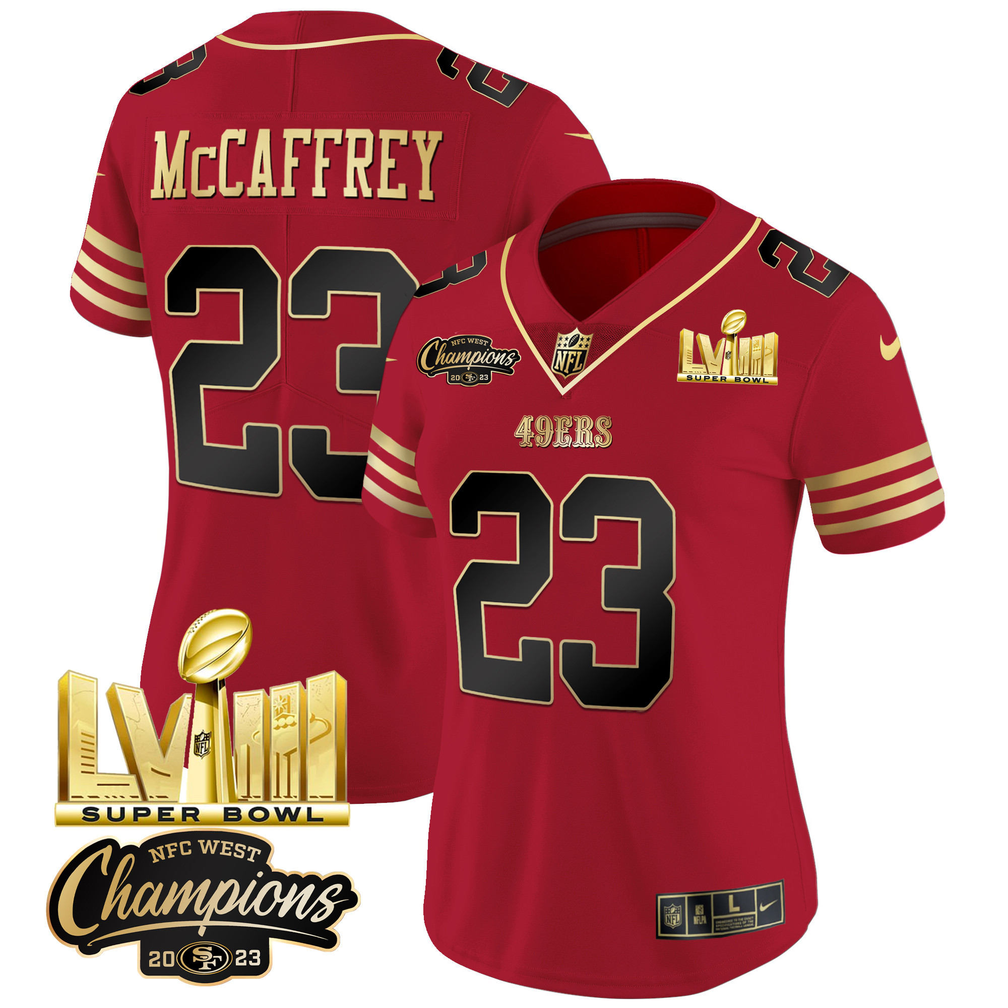 Women's 49ers NFC West Champions & Super Bowl LVIII Gold Patch Vapor Jersey V2 - All Stitched - Image 21