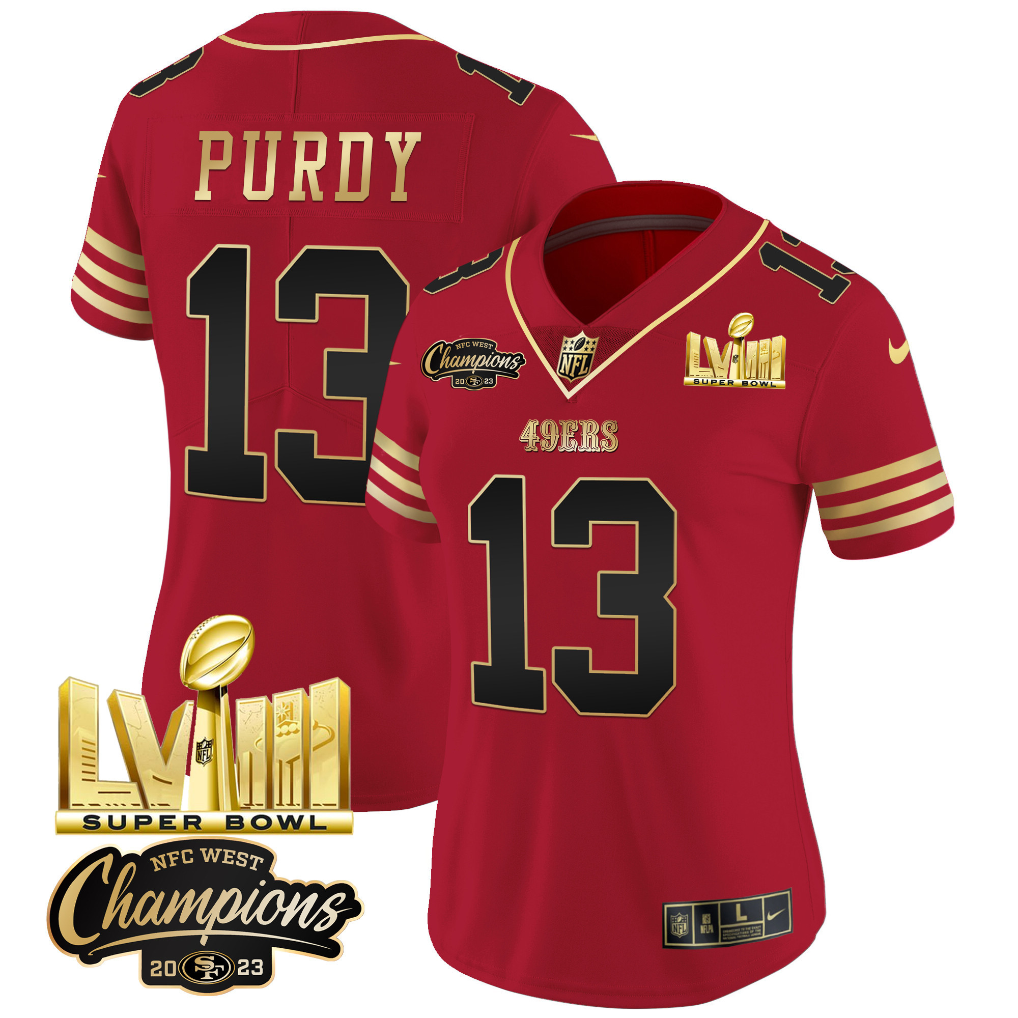 Women's 49ers NFC West Champions & Super Bowl LVIII Gold Patch Vapor Jersey V2 - All Stitched - Image 23