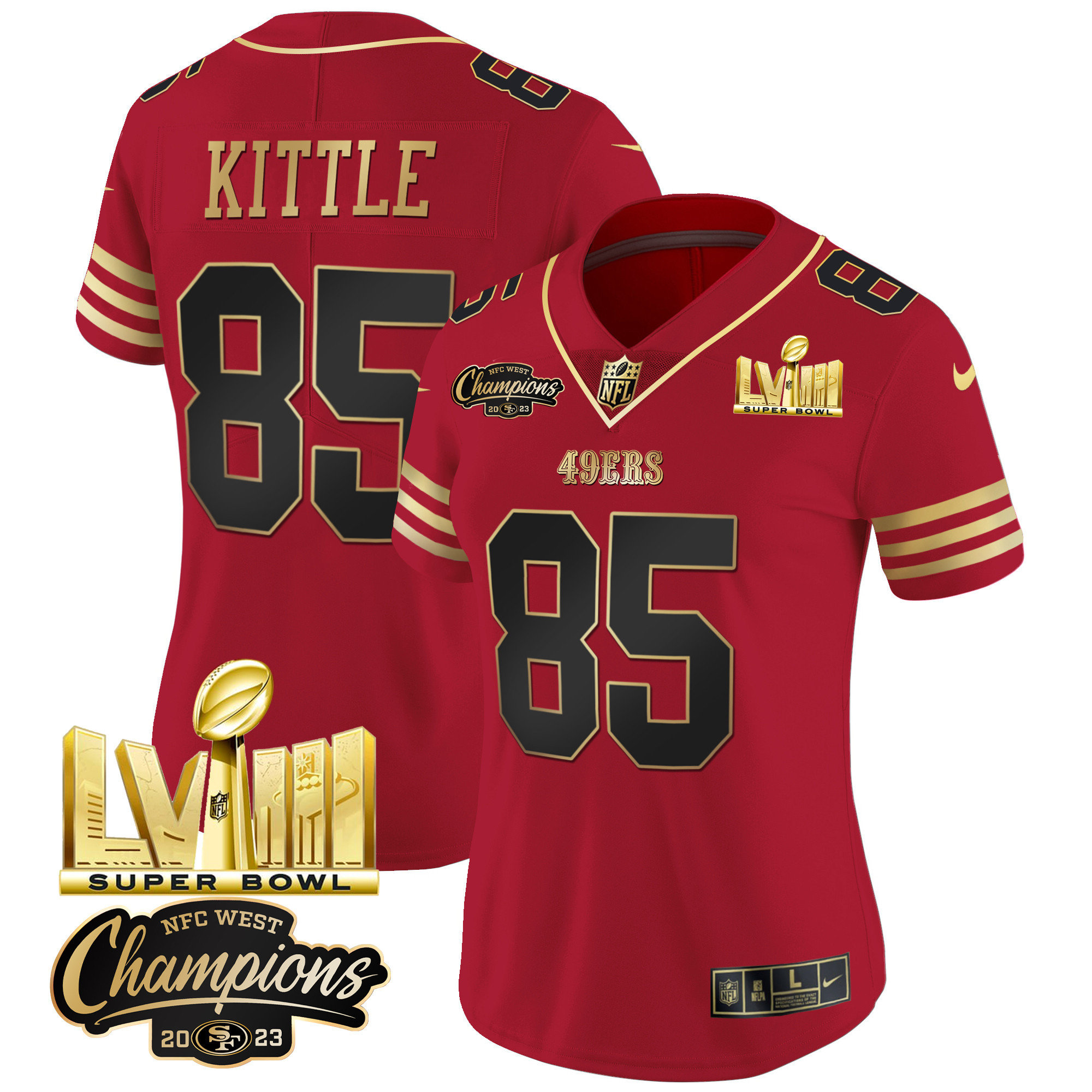 Women's 49ers NFC West Champions & Super Bowl LVIII Gold Patch Vapor Jersey V2 - All Stitched - Image 24