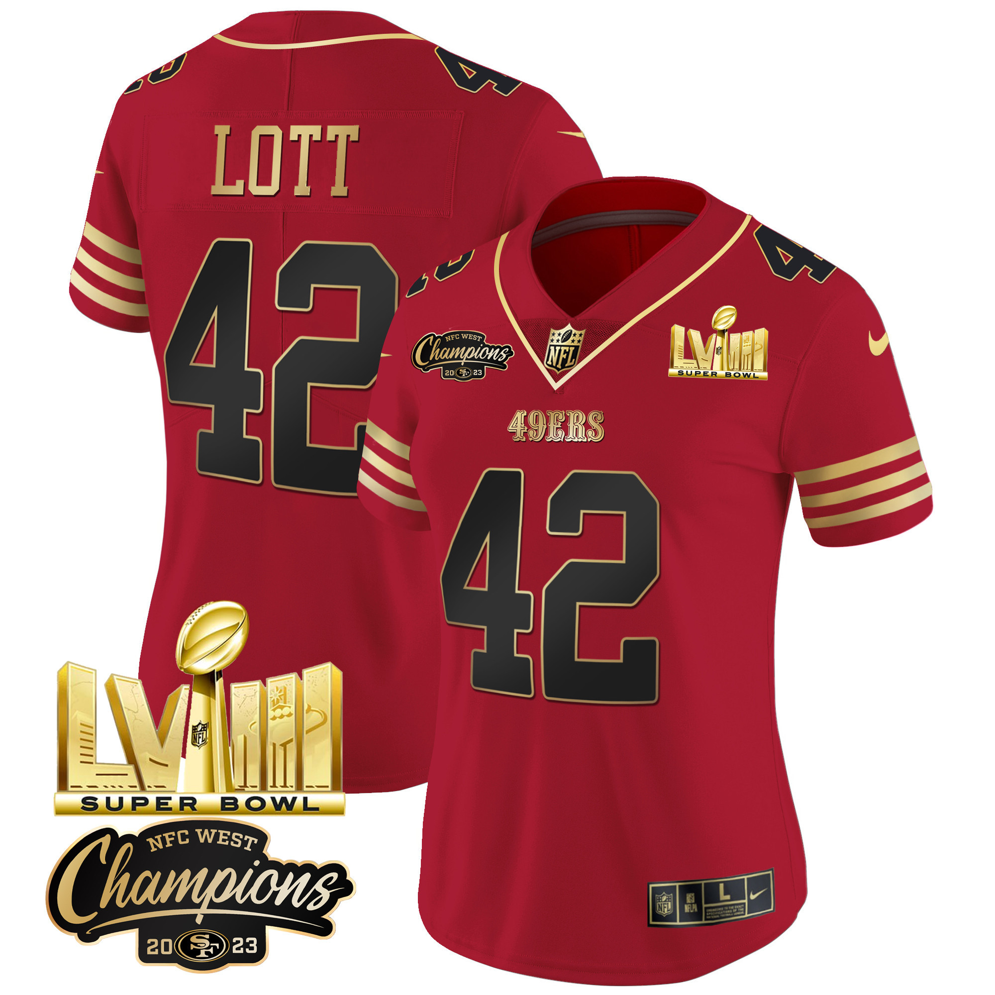 Women's 49ers NFC West Champions & Super Bowl LVIII Gold Patch Vapor Jersey V2 - All Stitched - Image 29