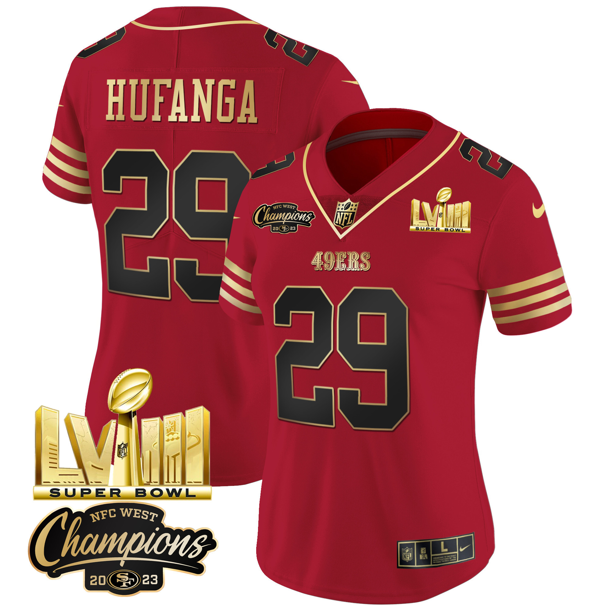 Women's 49ers NFC West Champions & Super Bowl LVIII Gold Patch Vapor Jersey V2 - All Stitched - Image 30