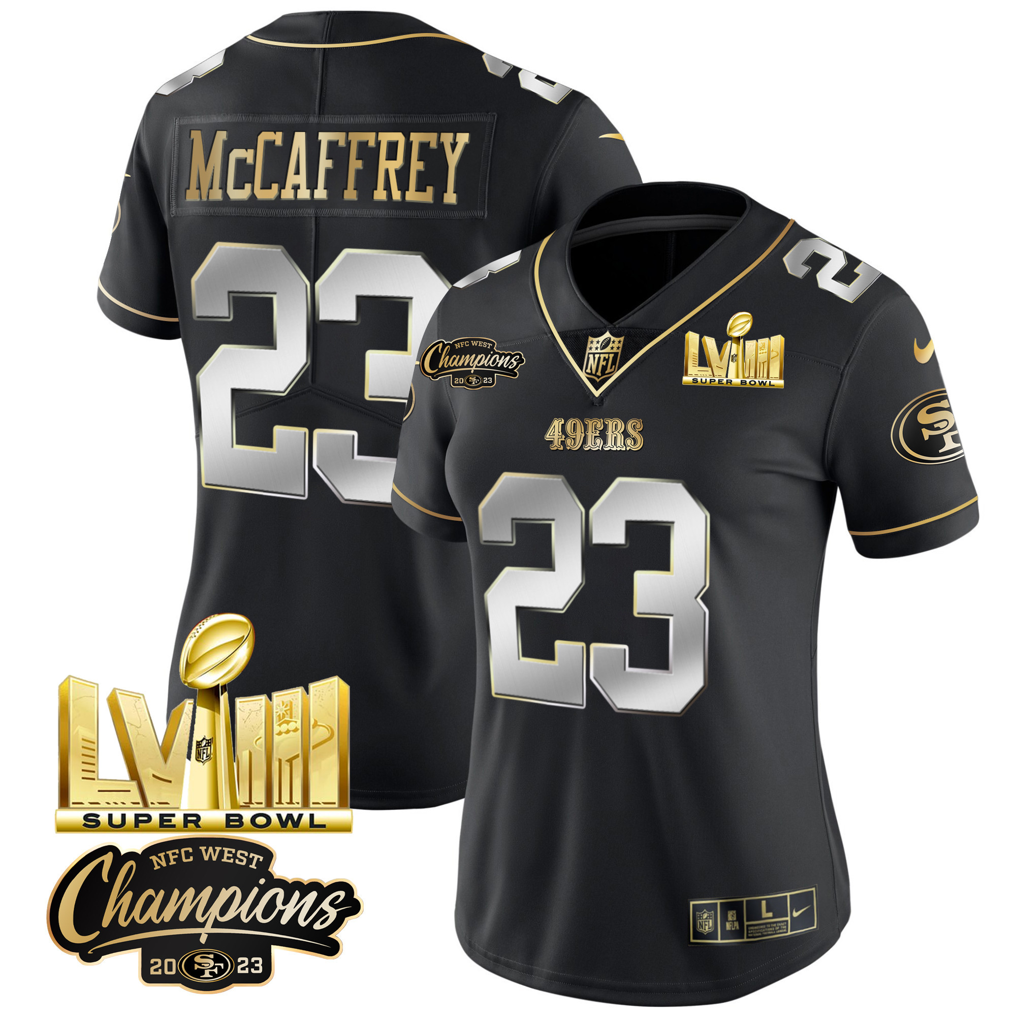 Women's 49ers NFC West Champions & Super Bowl LVIII Gold Patch Vapor Jersey V2 - All Stitched - Image 31