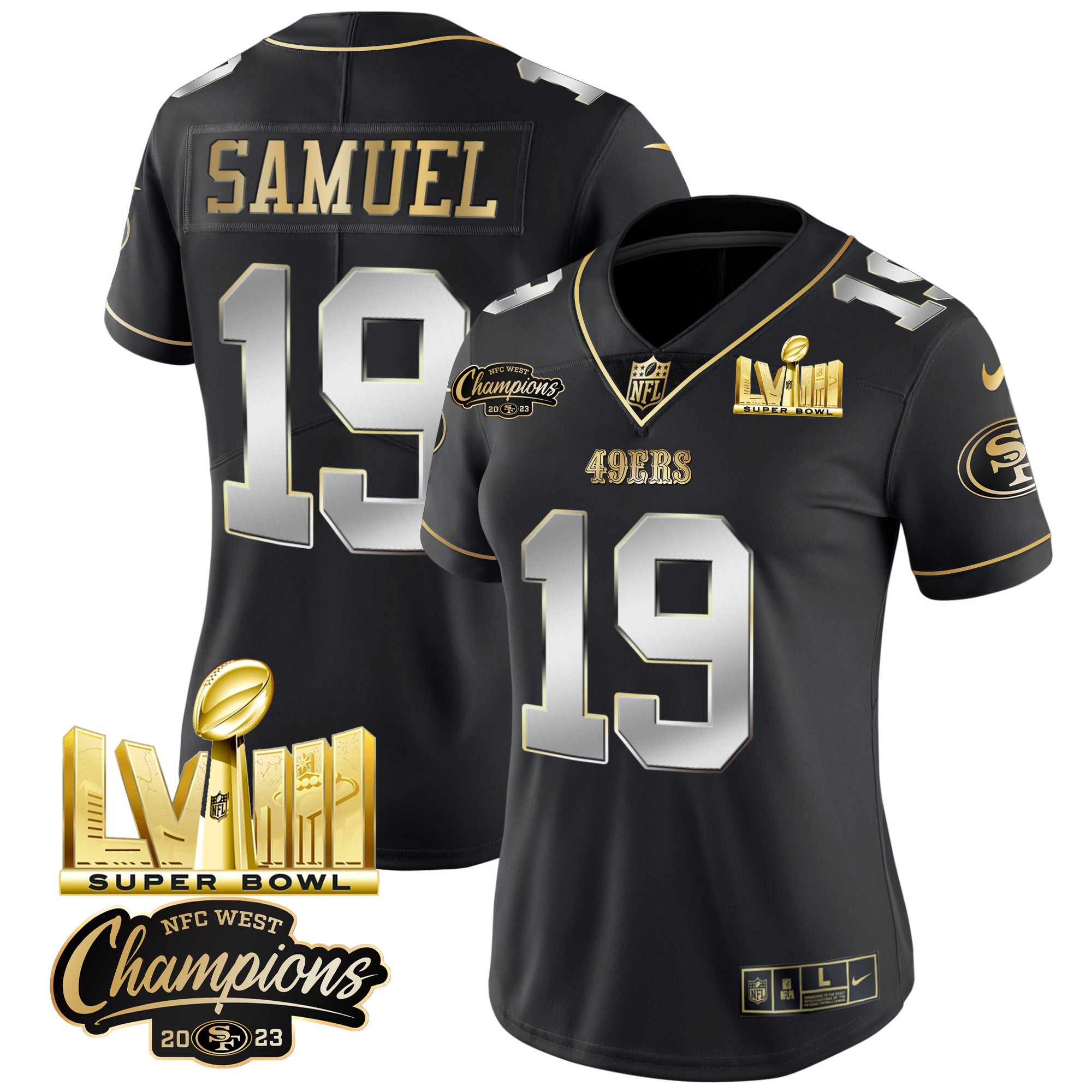 Women's 49ers NFC West Champions & Super Bowl LVIII Gold Patch Vapor Jersey V2 - All Stitched - Image 32