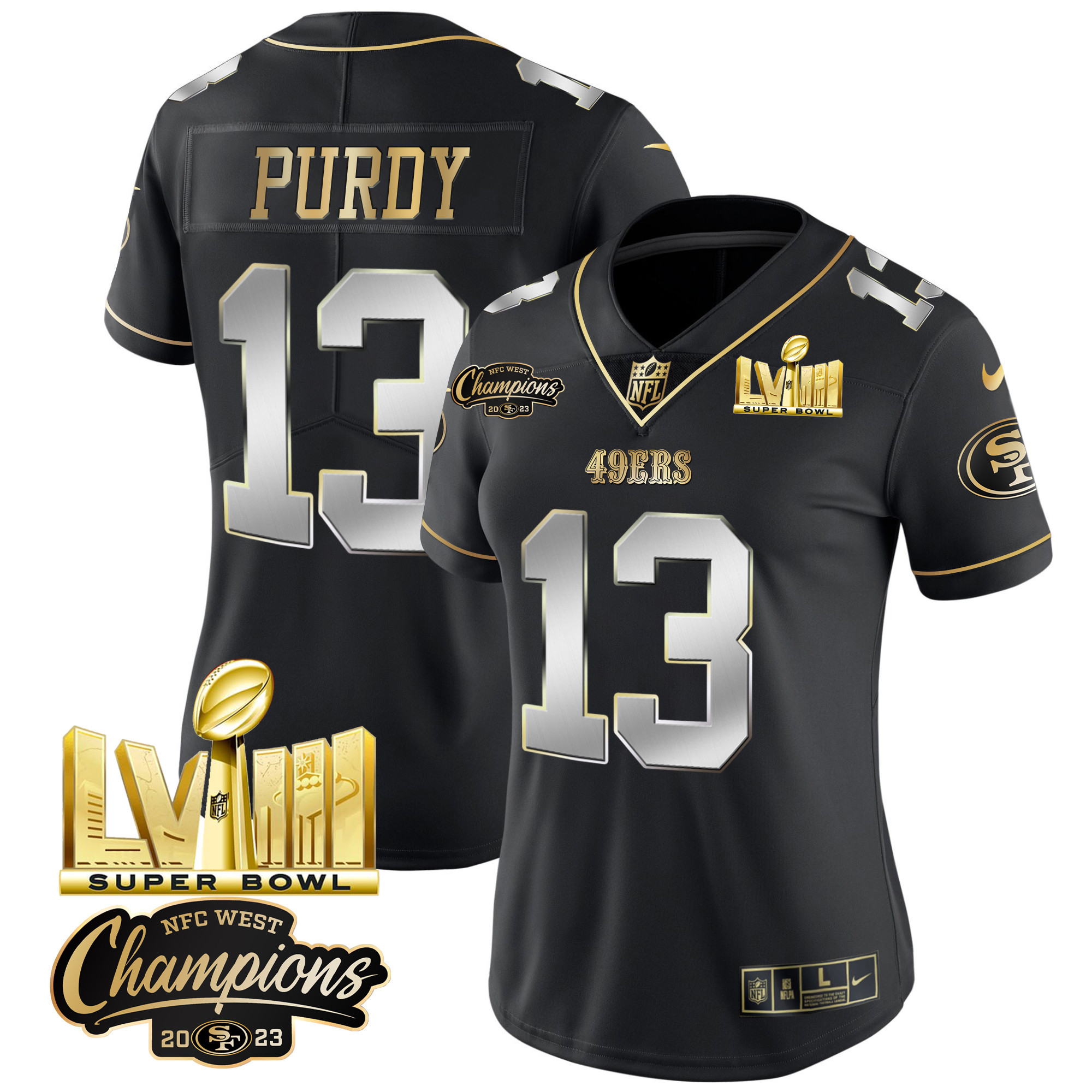 Women's 49ers NFC West Champions & Super Bowl LVIII Gold Patch Vapor Jersey V2 - All Stitched - Image 33